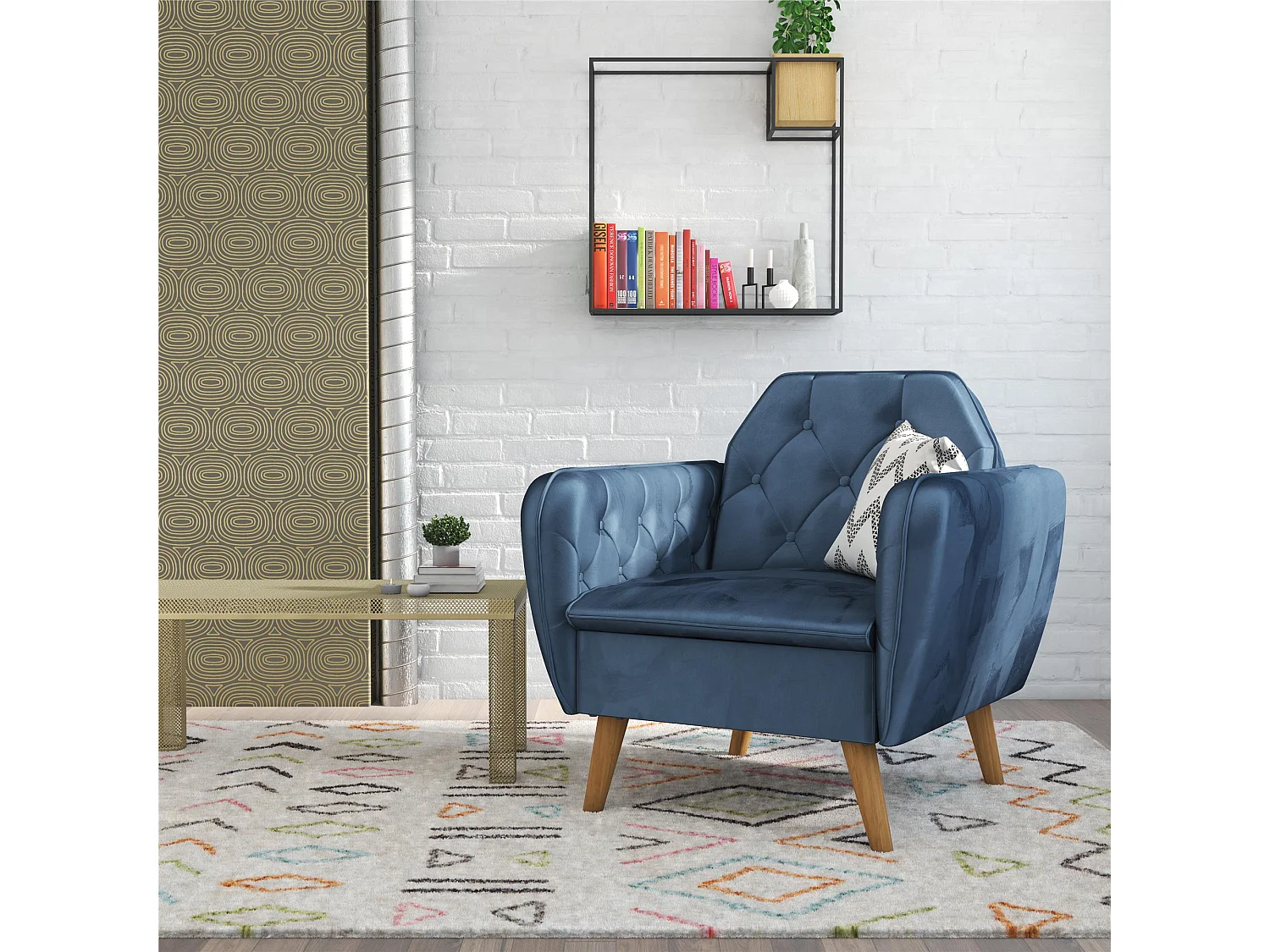 Silla decorativa tapizada en terciopelo azul.