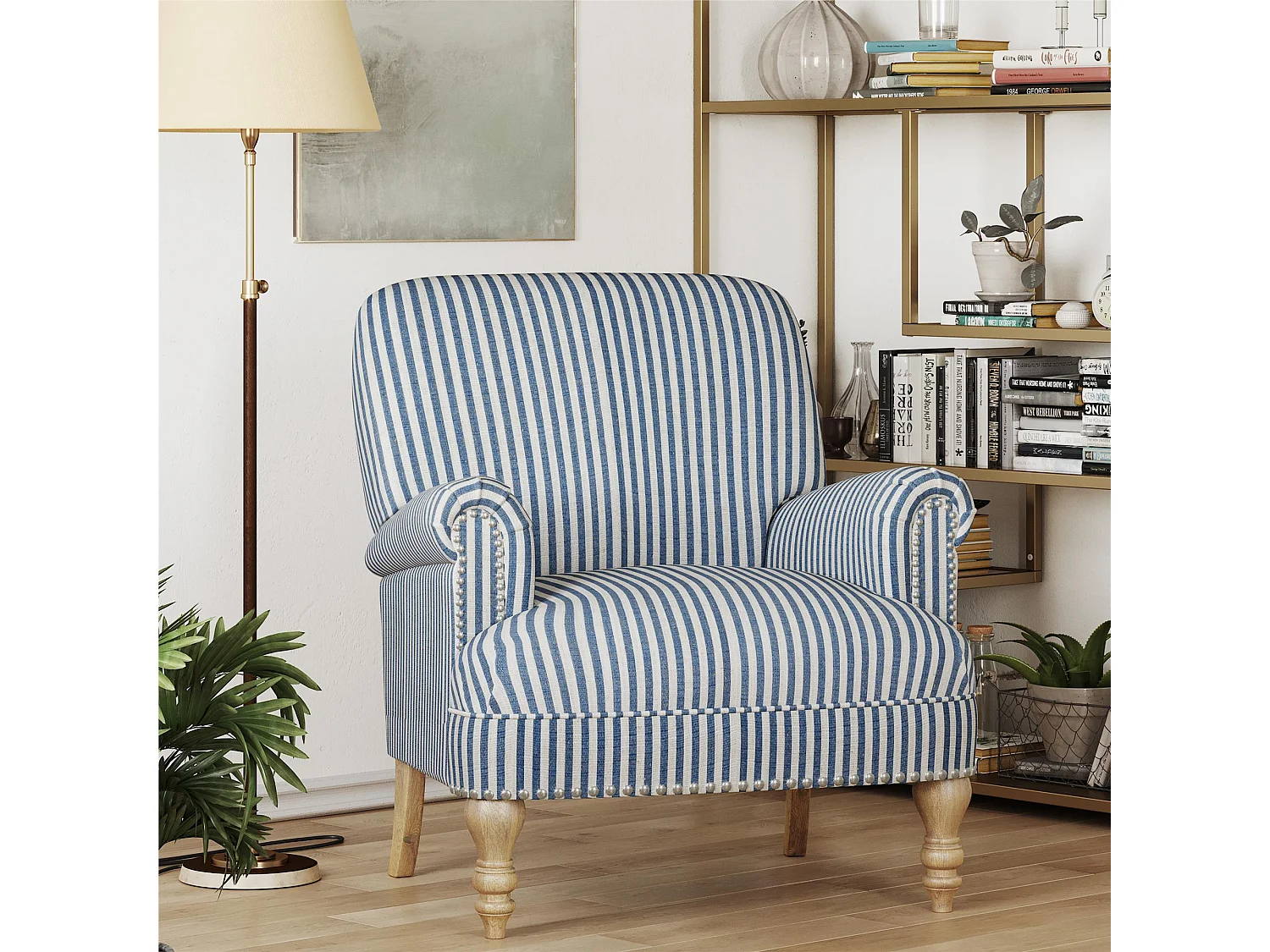 Akzentstuhl in Leinen Blau Gestreift
