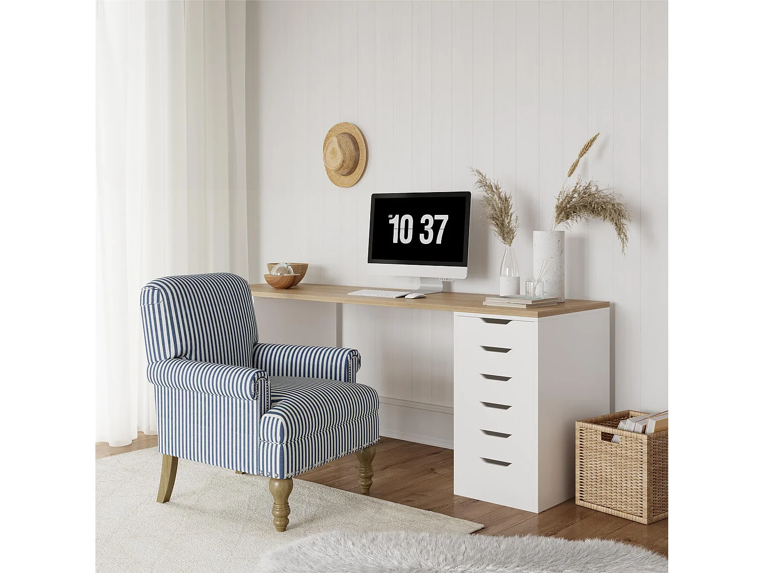 Akzentstuhl in Leinen Blau Gestreift