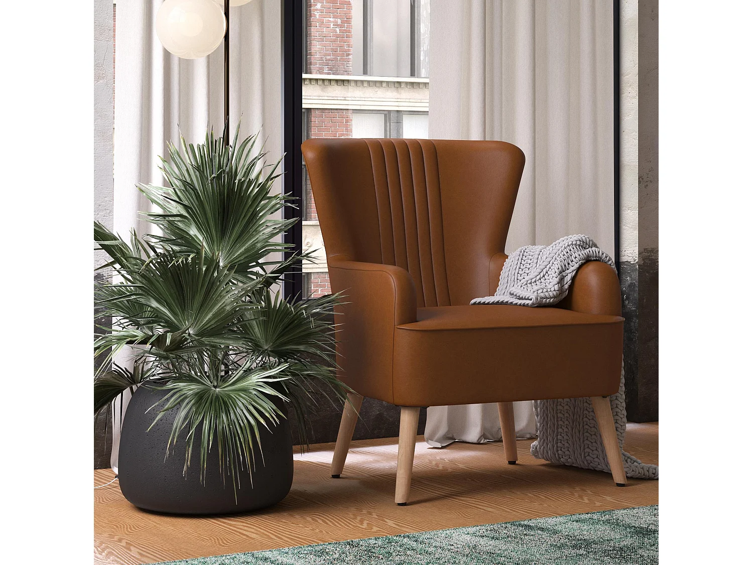 Cadeira decorativa estofada em pele sintética camel