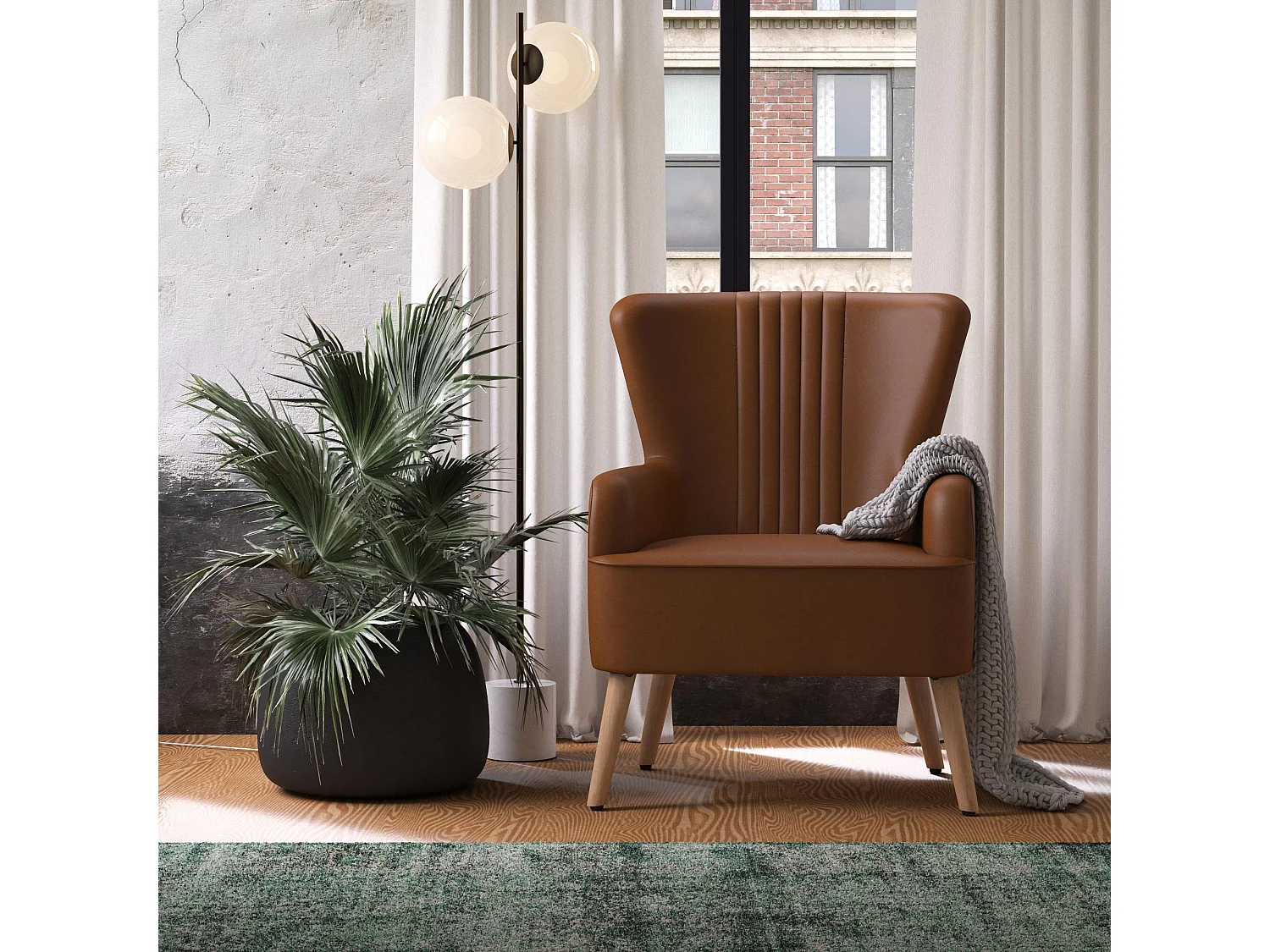 Gepolsterter Akzentstuhl aus Kunstleder, kamelbraun