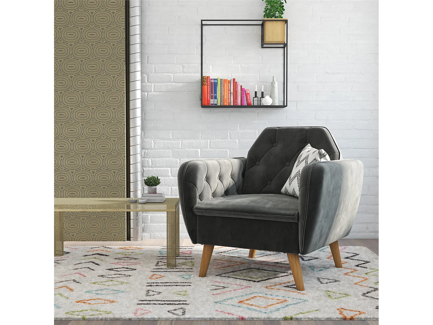 Sedia imbottita con rivestimento in velluto grigio