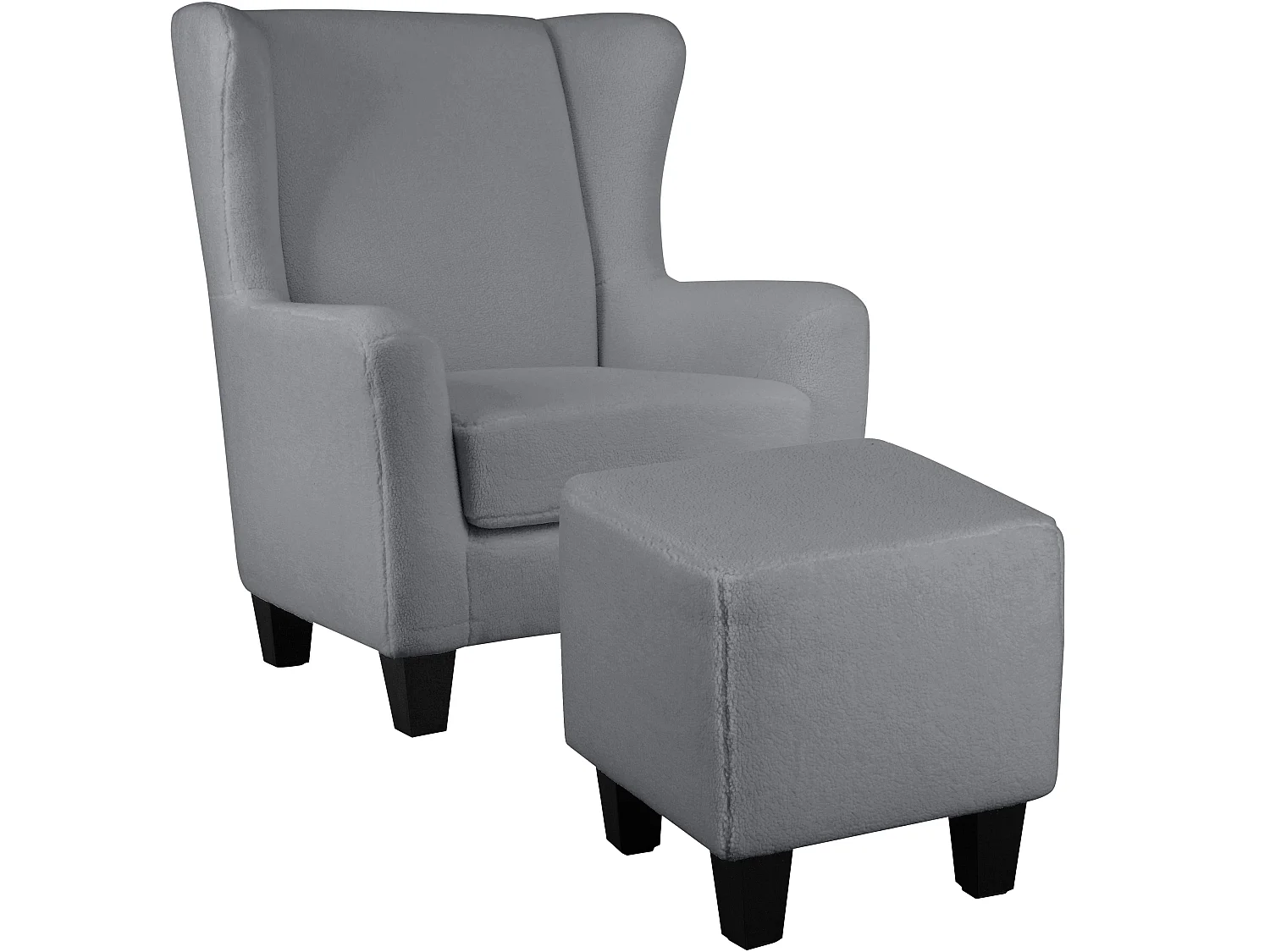 Silla decorativa tapizada con taburete en tela de peluche gris