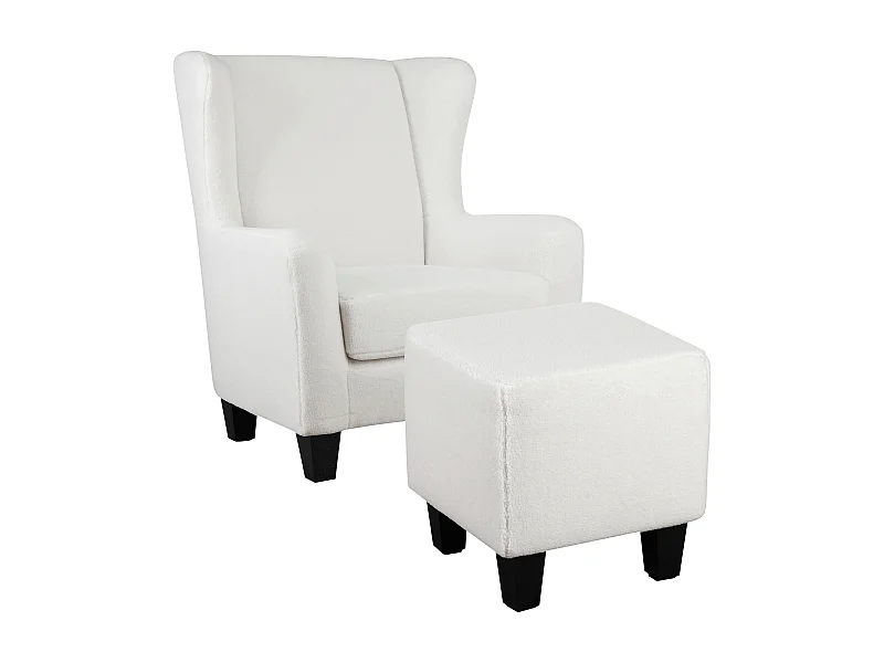 Silla decorativa tapizada con taburete en tela de peluche blanco hueso