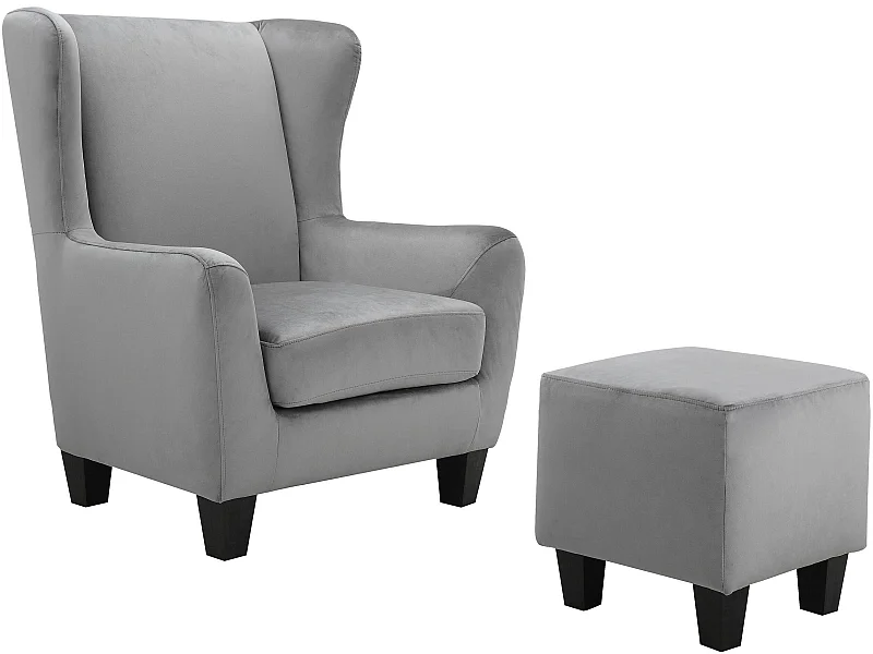 Silla decorativa tapizada con taburete en terciopelo gris.