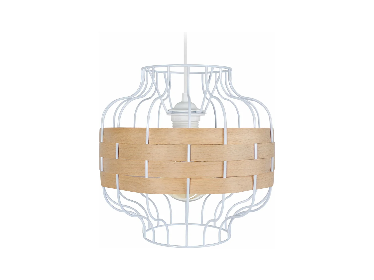 Suspension métal blanc bois hêtre 85 cm.