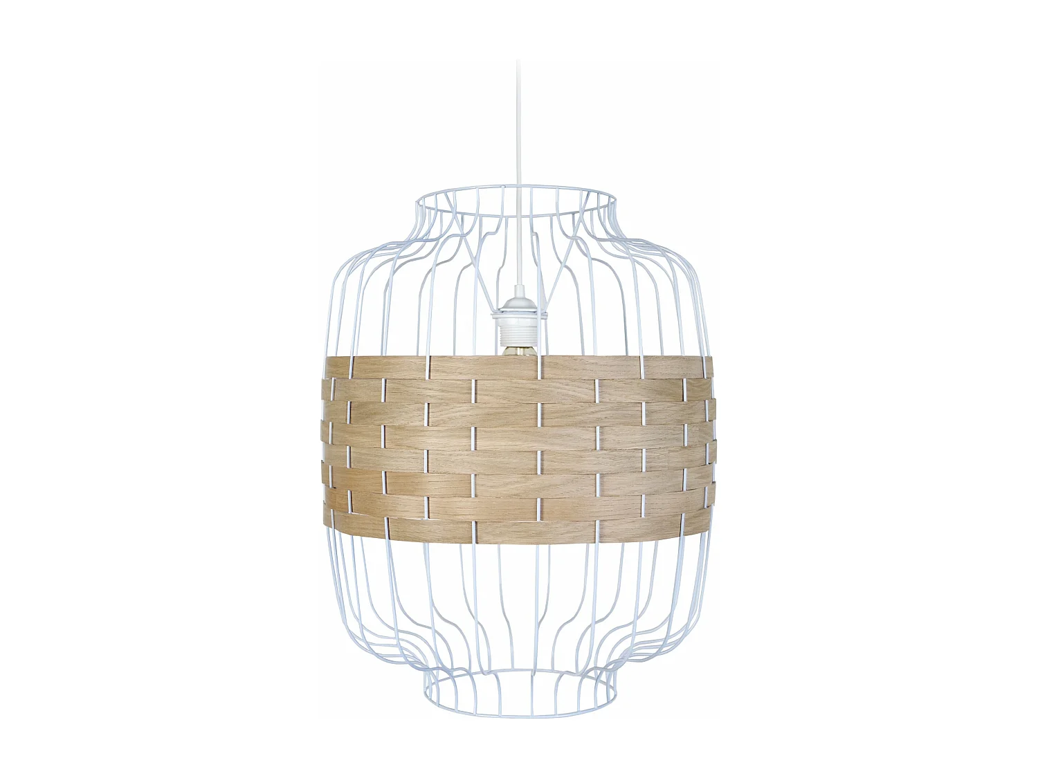 Suspension métal blanc bois chêne 110 cm.