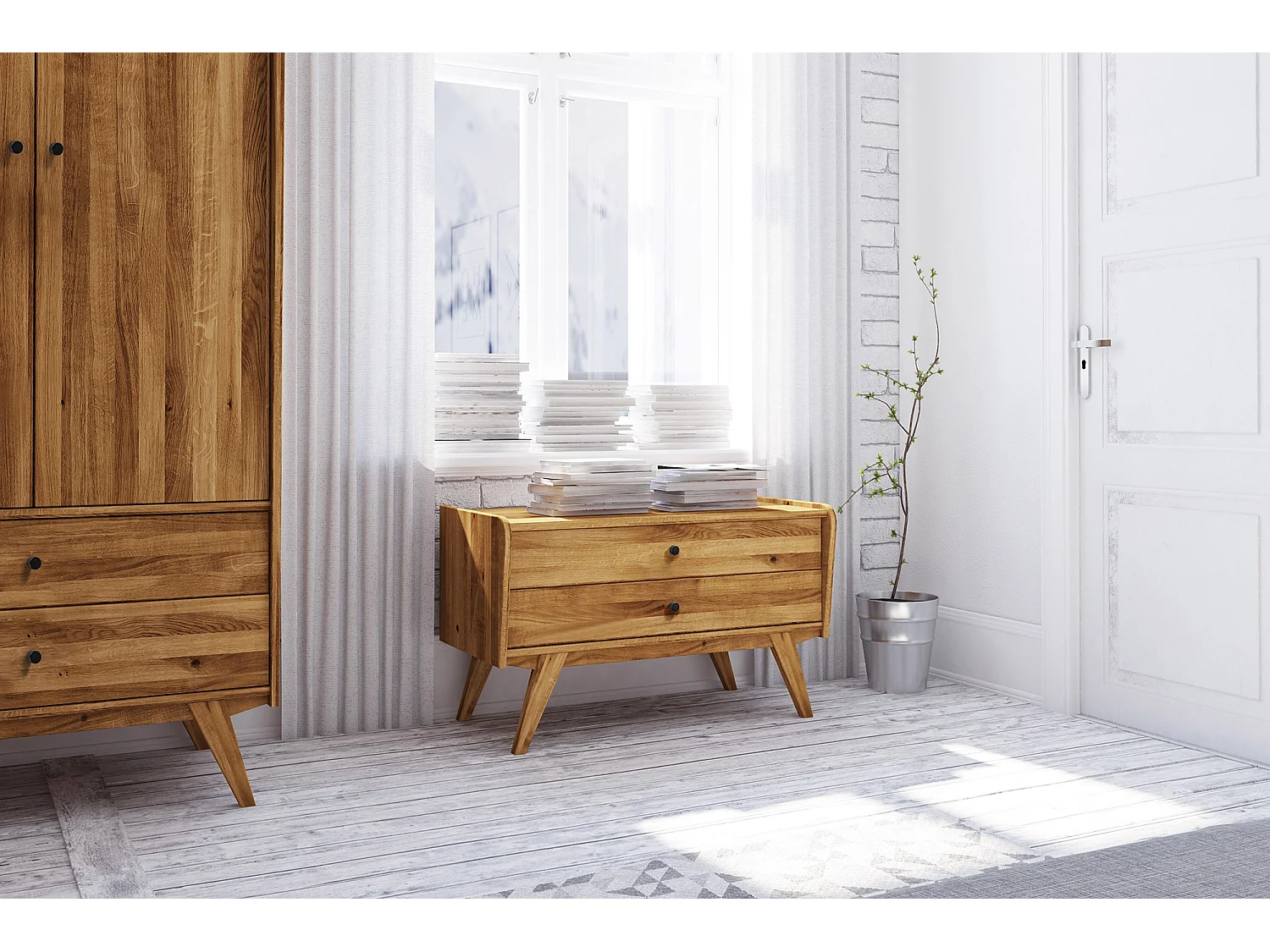 RETRO - Niedrige Kommode 100% aus massivem Holz aus Wideiche, naturgeölt