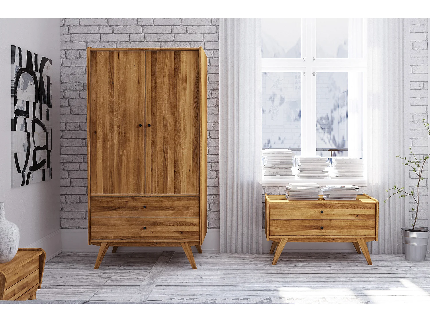 RETRO - Niedrige Kommode 100% aus massivem Holz aus Wideiche, naturgeölt