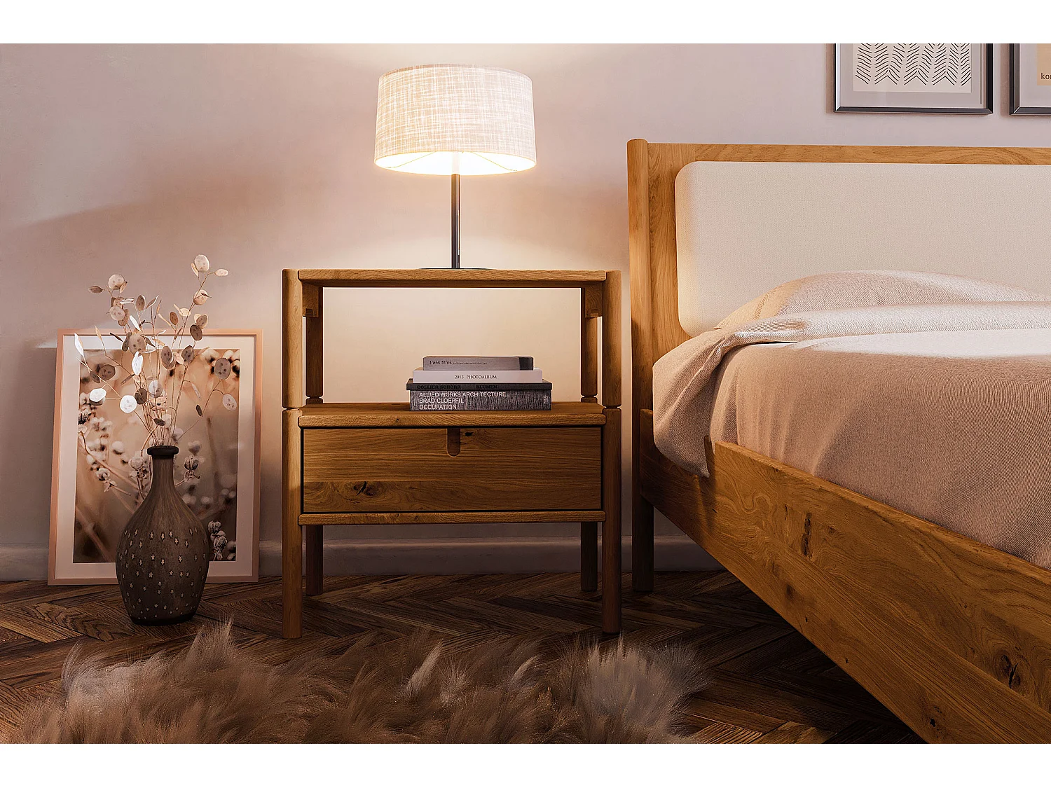 POLA - Nachttisch mit Frühstückstisch aus Wildeiche, naturgeölt