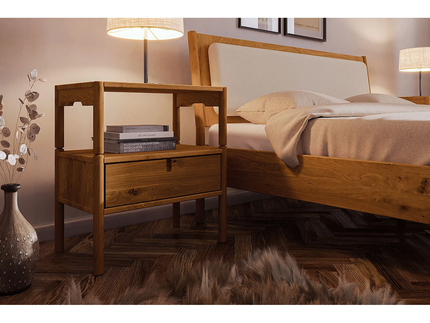 POLA - Nachttisch mit Frühstückstisch aus Wildeiche, naturgeölt