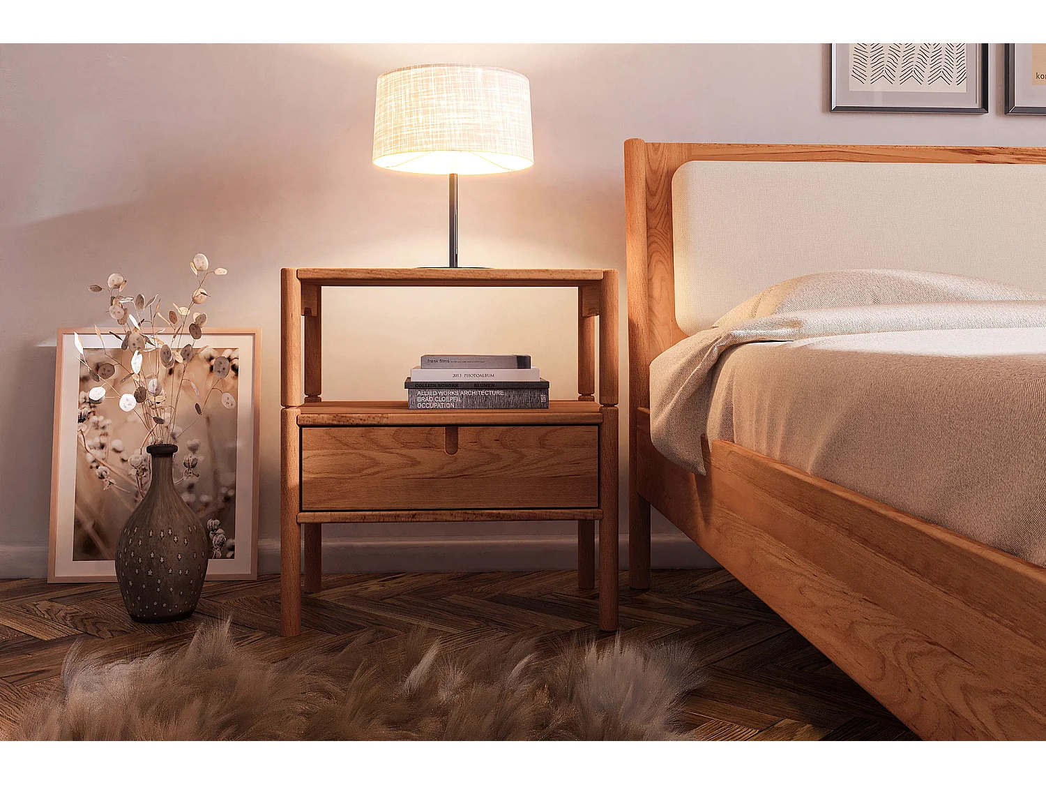 POLA - Nachttisch mit Frühstückstisch aus Kernbuche, naturgeölt