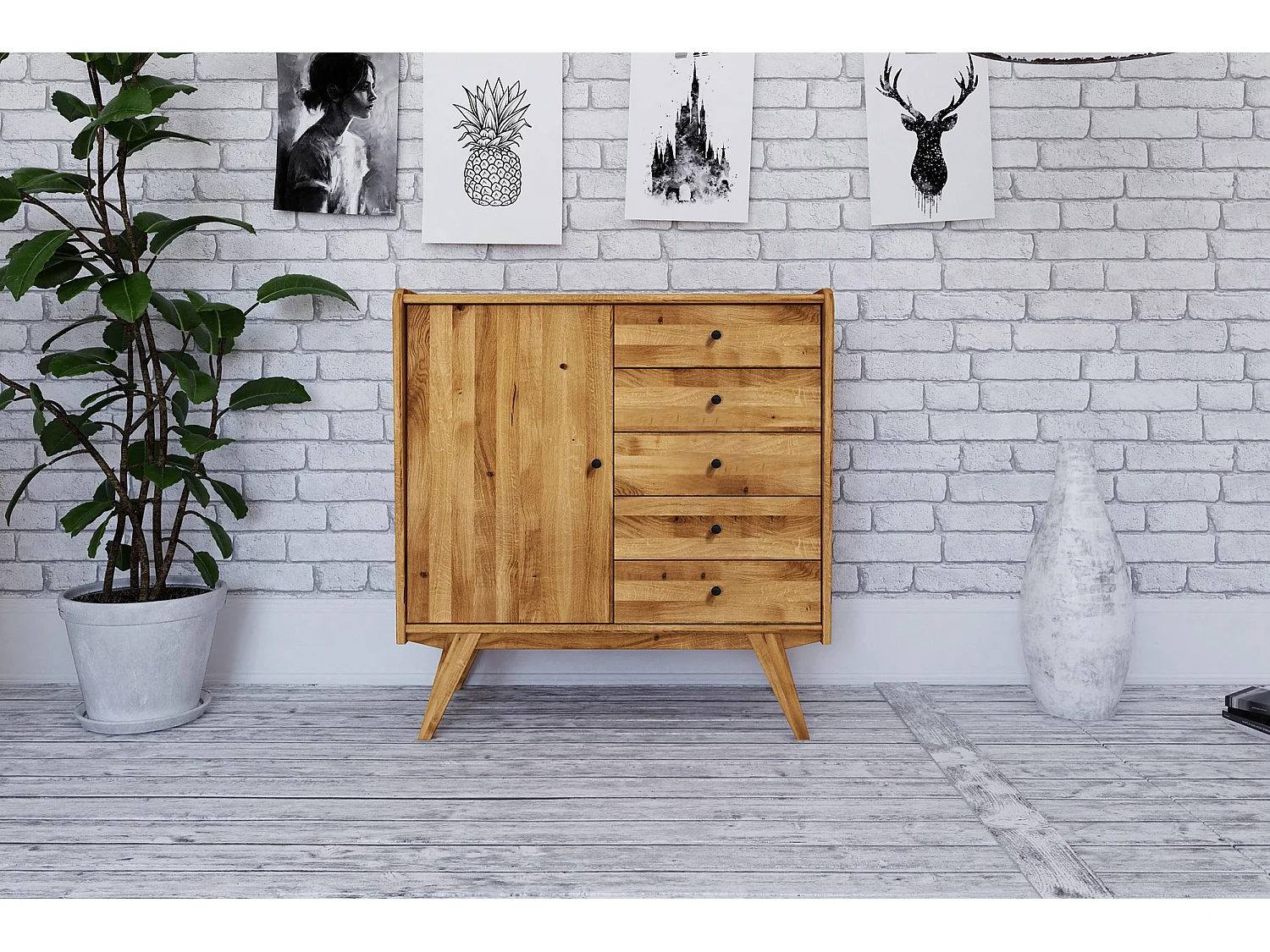 RETRO - Kommode 100% aus massivem Holz aus Wildeiche, naturgeölt