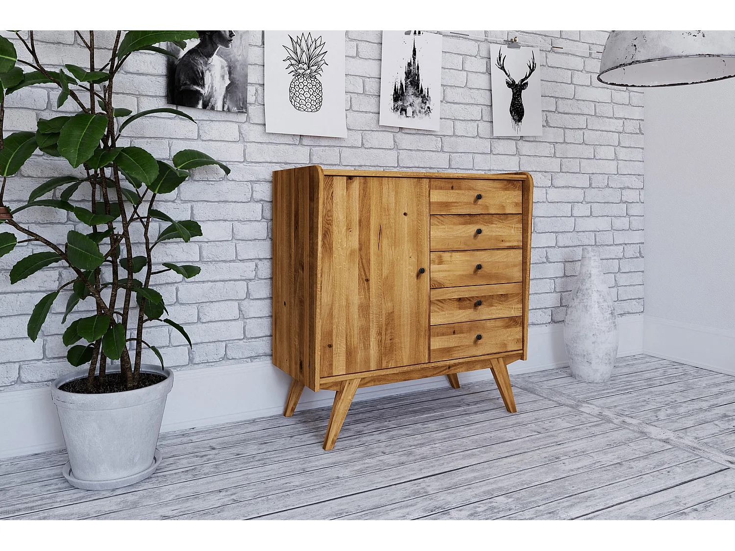 RETRO - Kommode 100% aus massivem Holz aus Wildeiche, naturgeölt