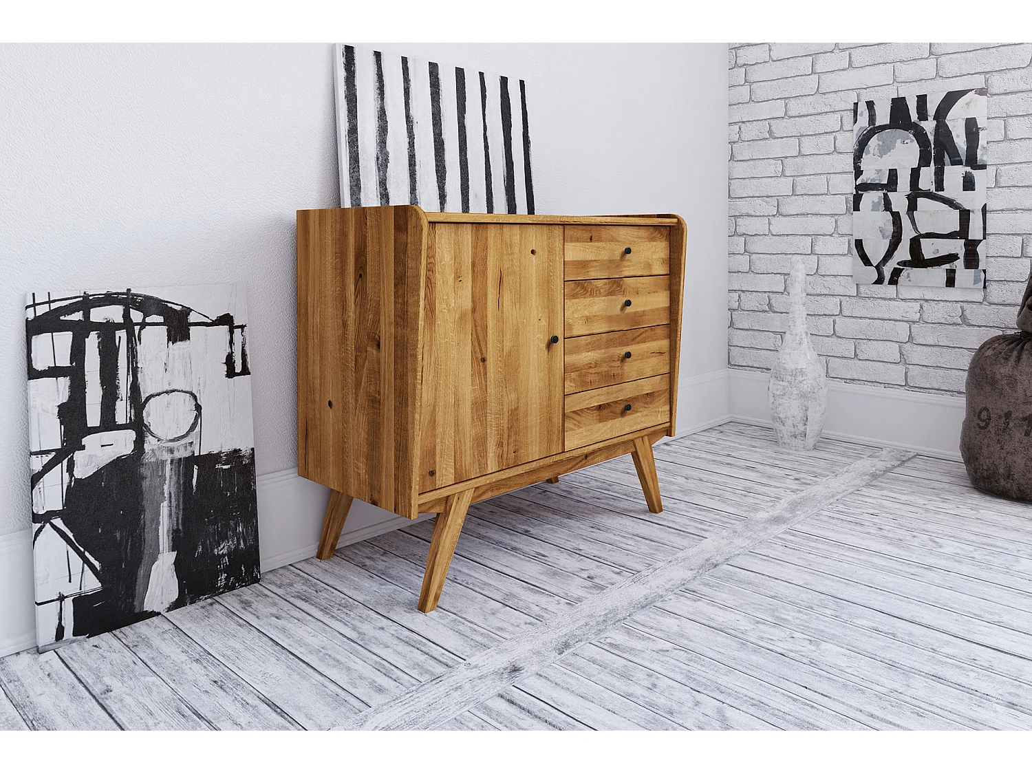 RETRO - Kommode 100% aus massivem Holz aus Wildeiche, naturgeölt