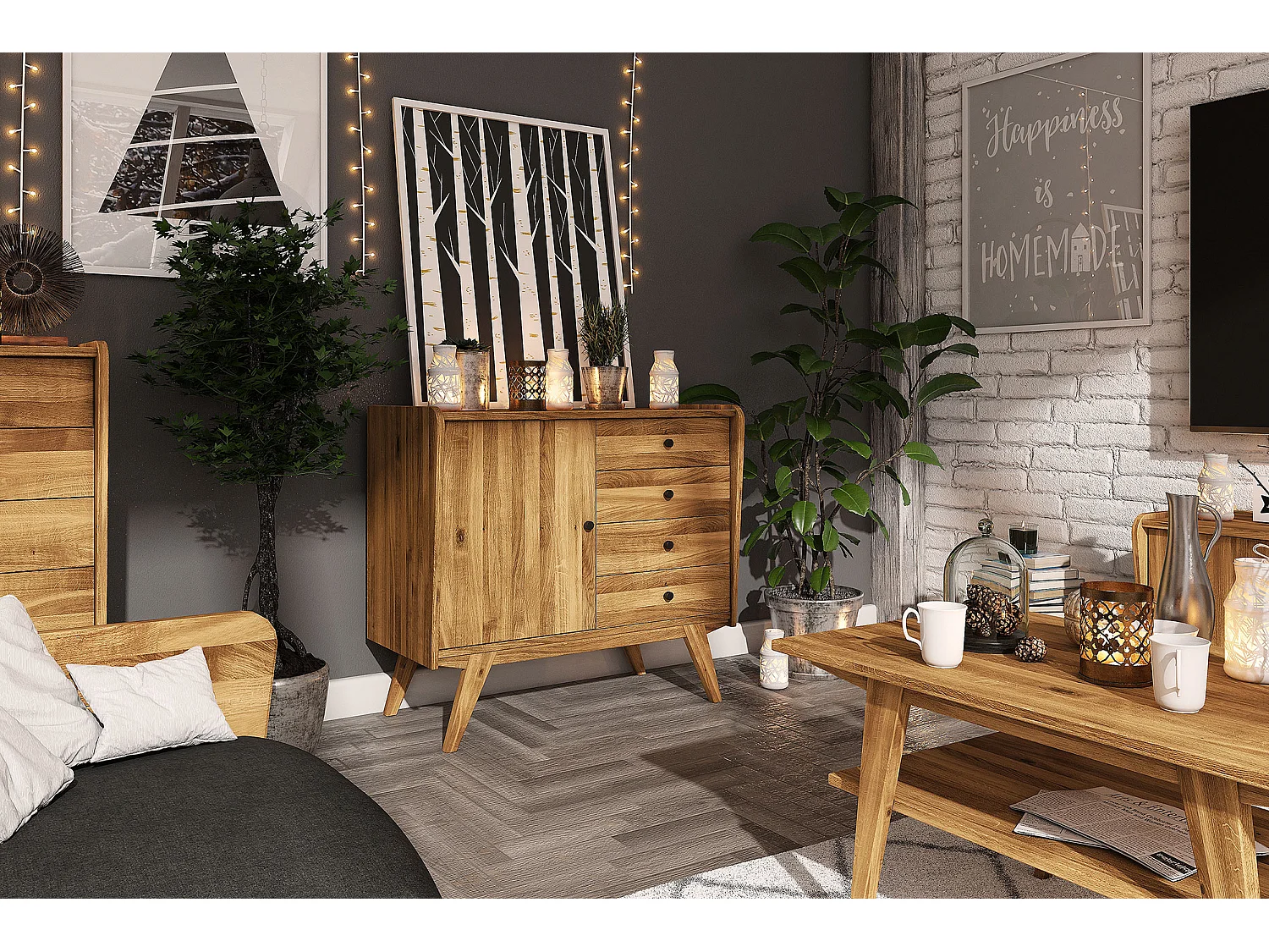 RETRO - Kommode 100% aus massivem Holz aus Wildeiche, naturgeölt