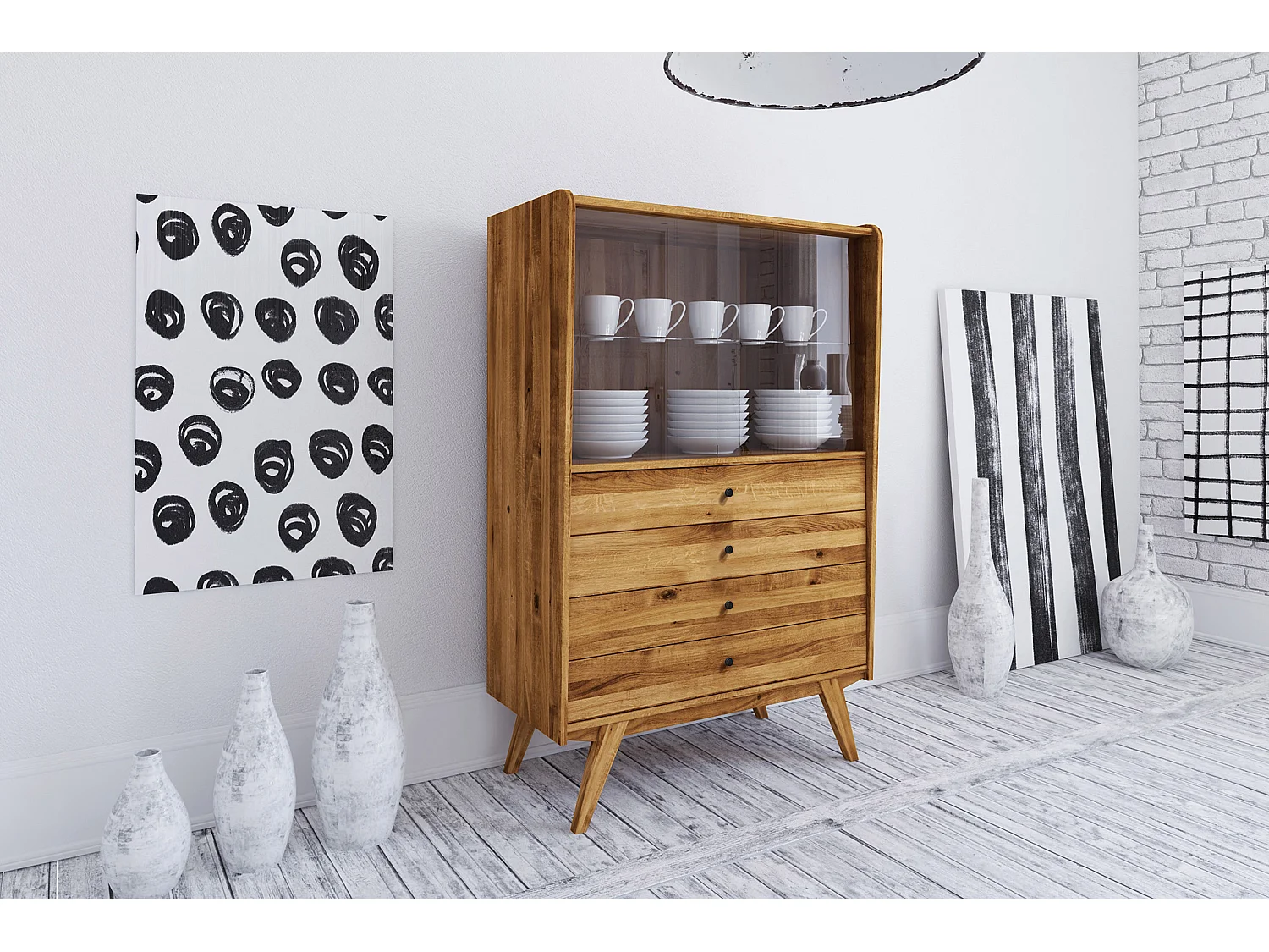 RETRO - Vitrine avec porte coulissante en chêne sauvage, finition à l'huile naturelle