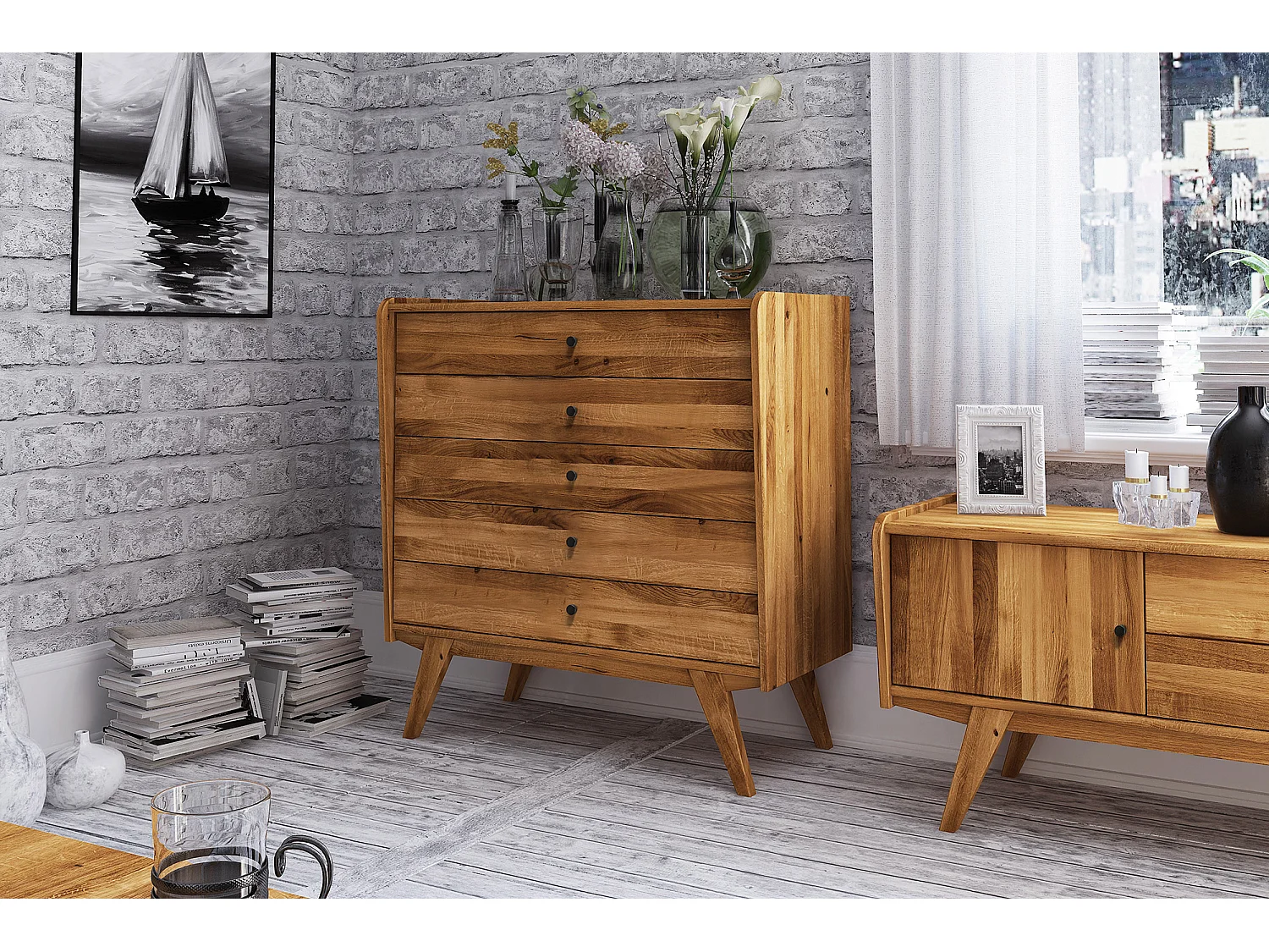 RETRO - Kommode 100% aus massivem Holz aus Wildeiche, naturgeölt