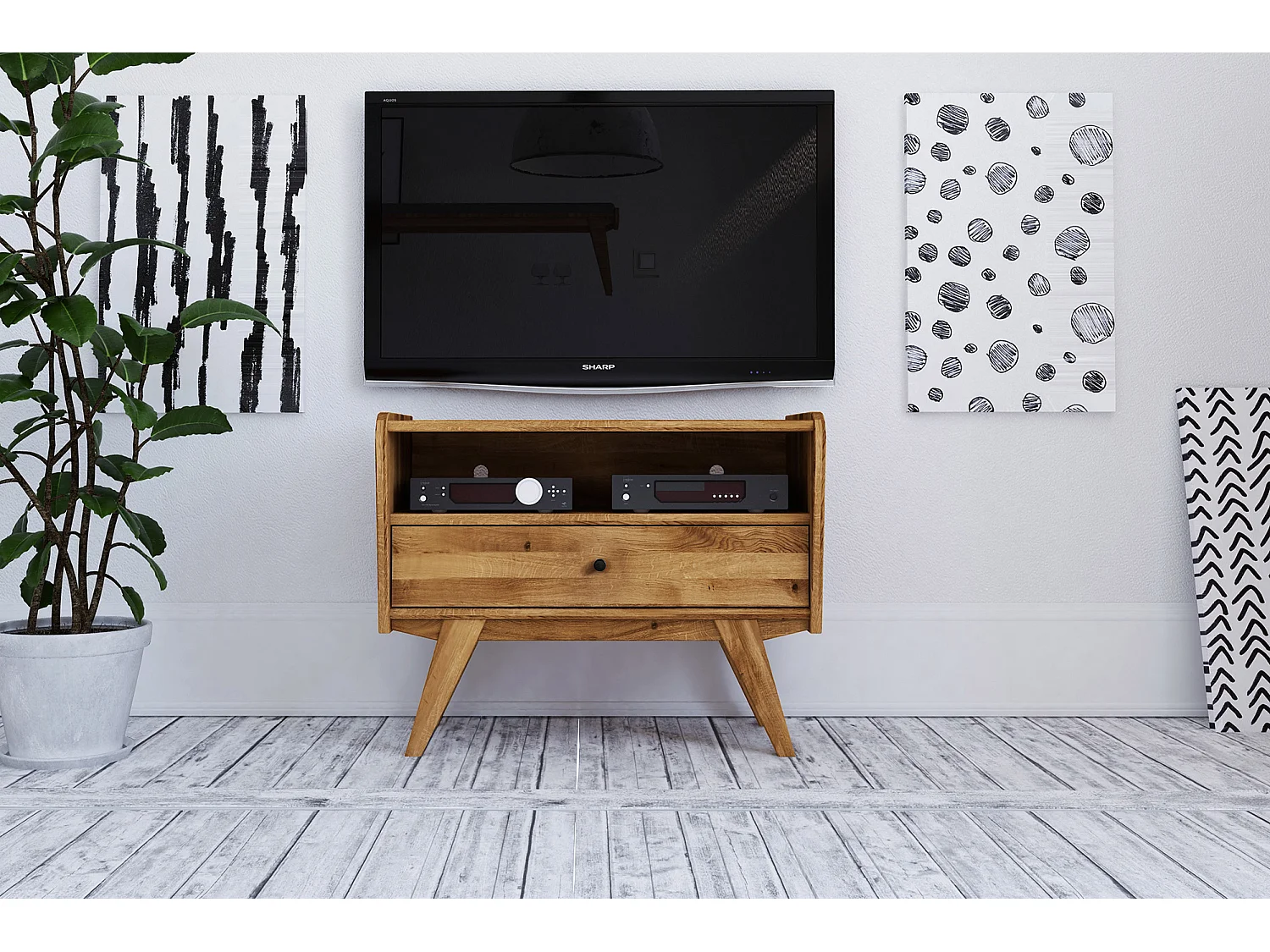 RETRO - TV-Möbel mit Schublade aus Wildeiche naturgeölt