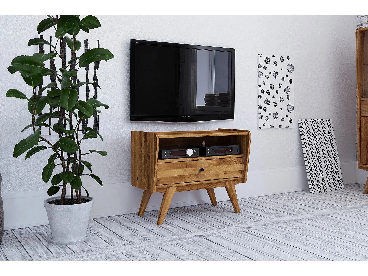 RETRO - TV-Möbel mit Schublade aus Wildeiche naturgeölt