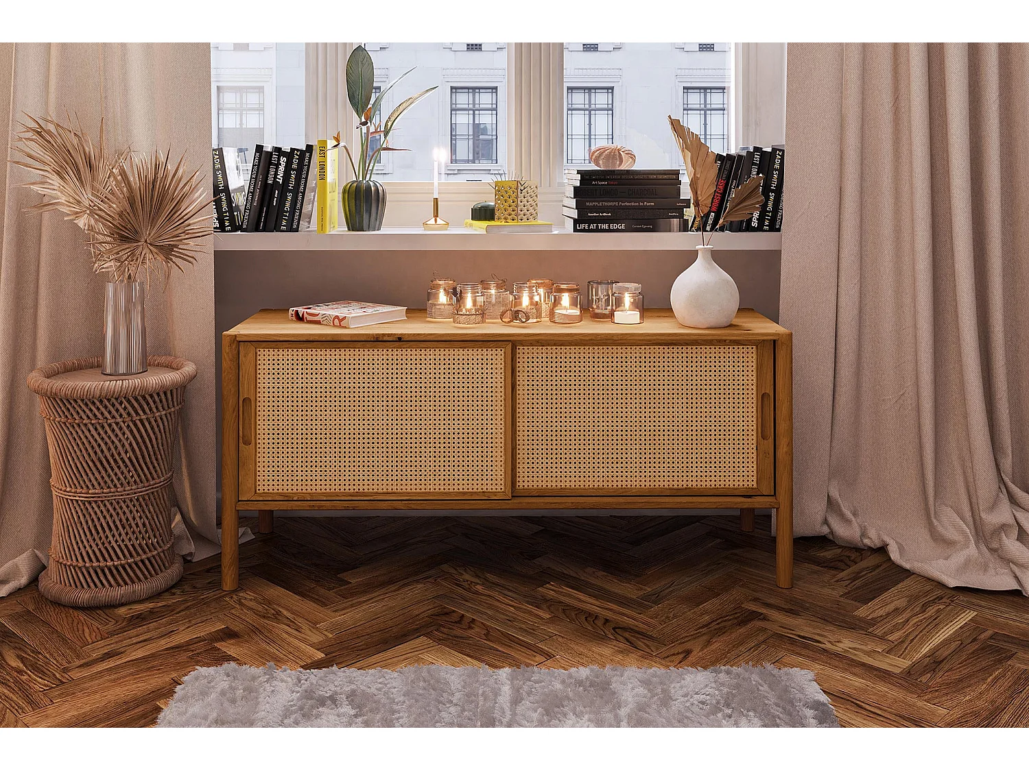 POLA - Meuble TV avec portes coulissantes en chêne sauvage huilé naturel