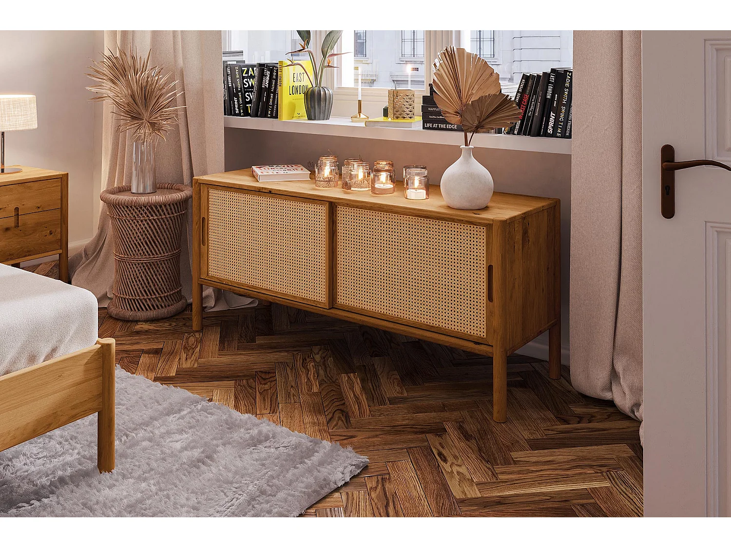 POLA - Meuble TV avec portes coulissantes en chêne sauvage huilé naturel