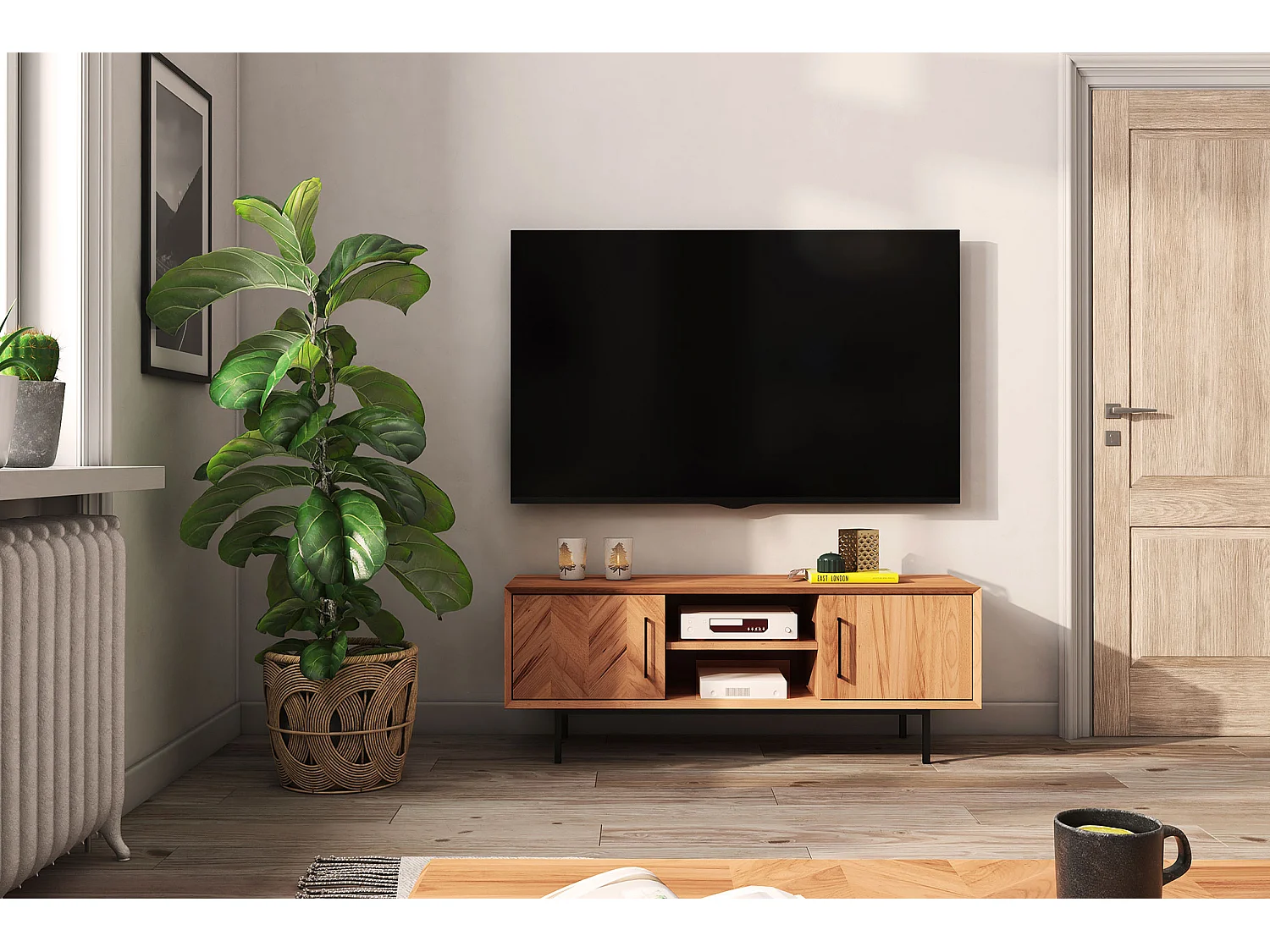 ABIES - Meuble TV avec portes en bois en cœur de hêtre huilé naturel