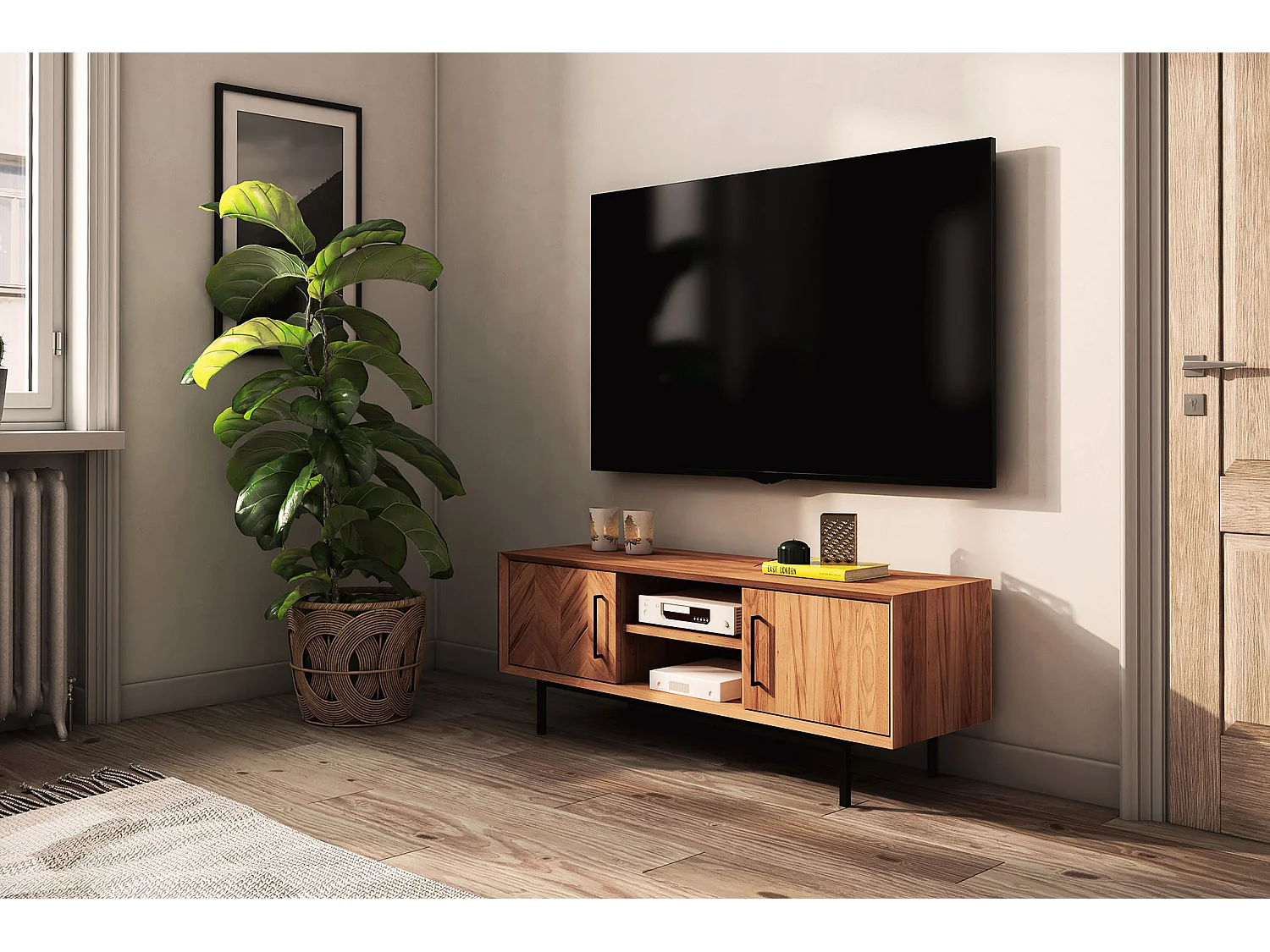 ABIES - Meuble TV avec portes en bois en cœur de hêtre huilé naturel