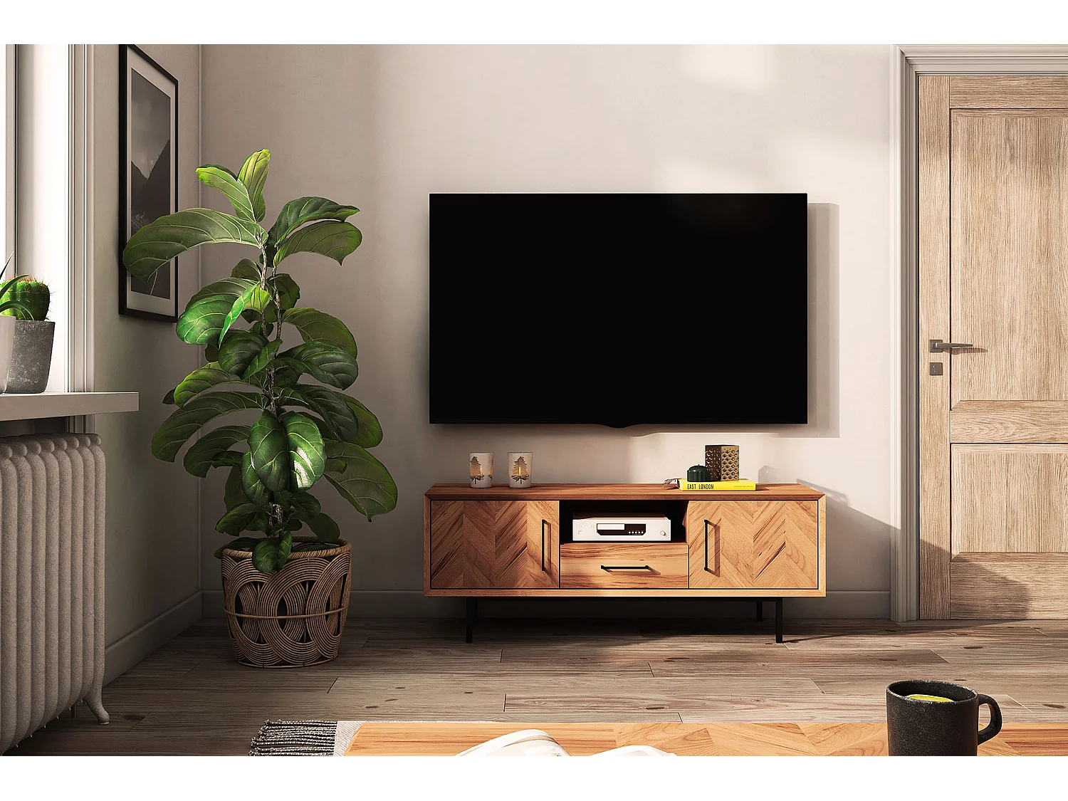 ABIES - Meuble TV avec tiroir en cœur de hêtre huilé naturel