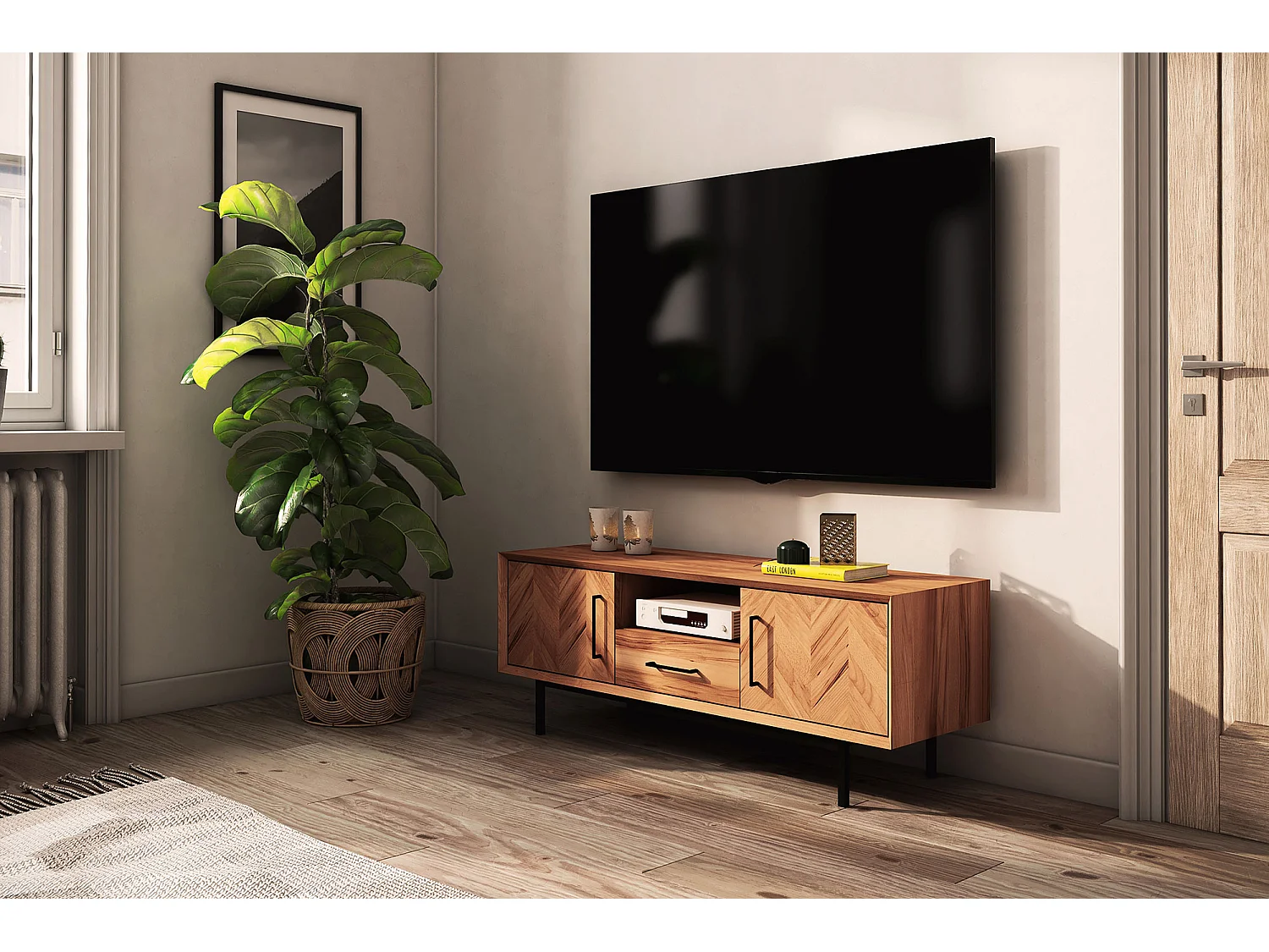 ABIES - Meuble TV avec tiroir en cœur de hêtre huilé naturel