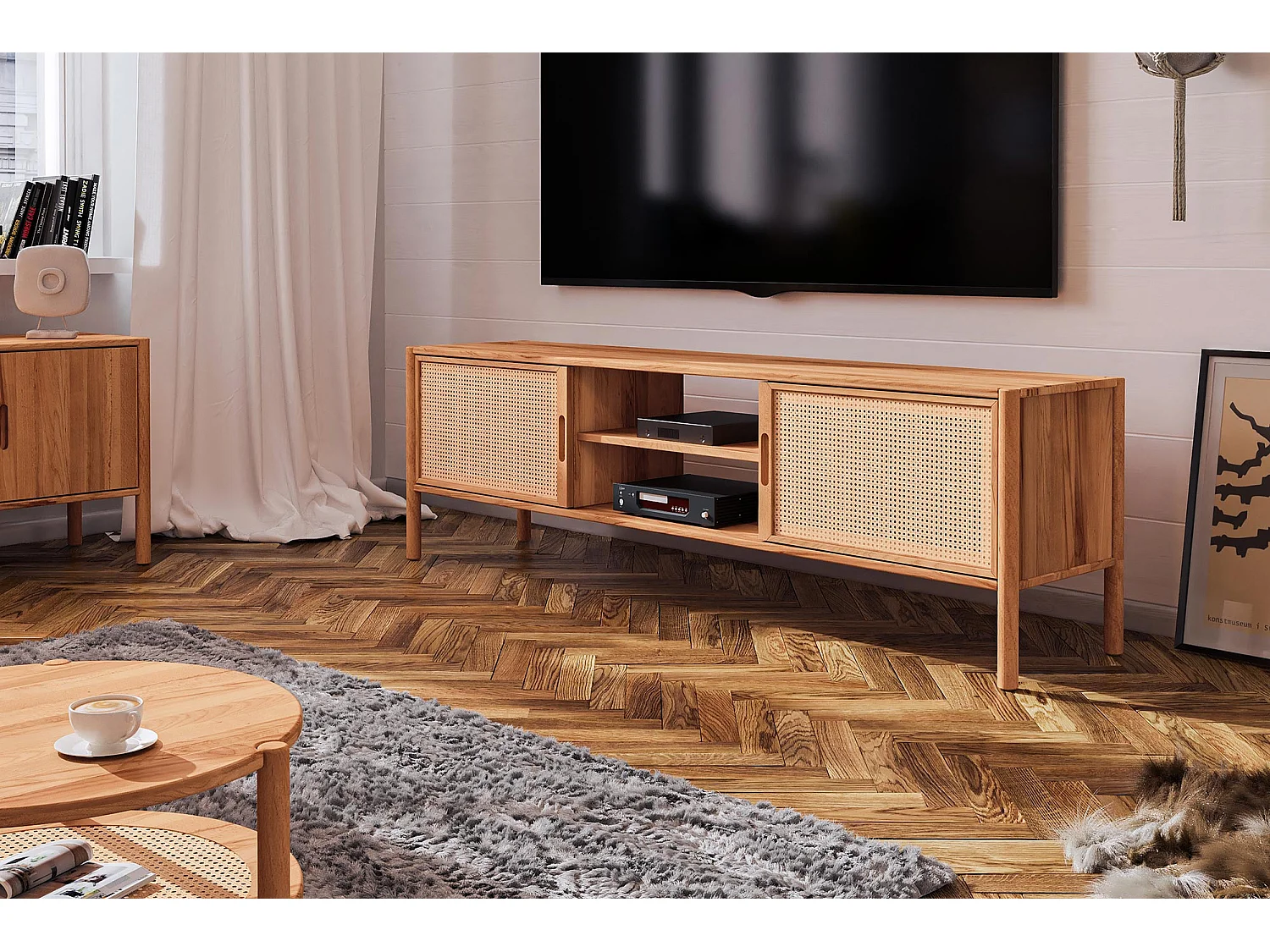 POLA - TV-Möbel mit Rattantüren aus Kernbuche naturgeölt