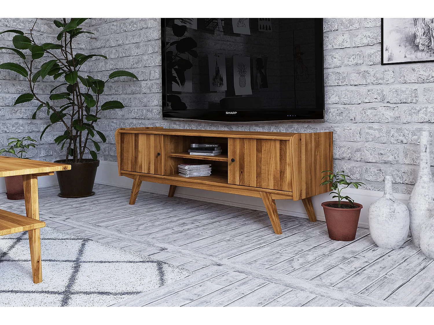 RETRO - TV-Möbel mit Holztüren aus Wildeiche naturgeölt