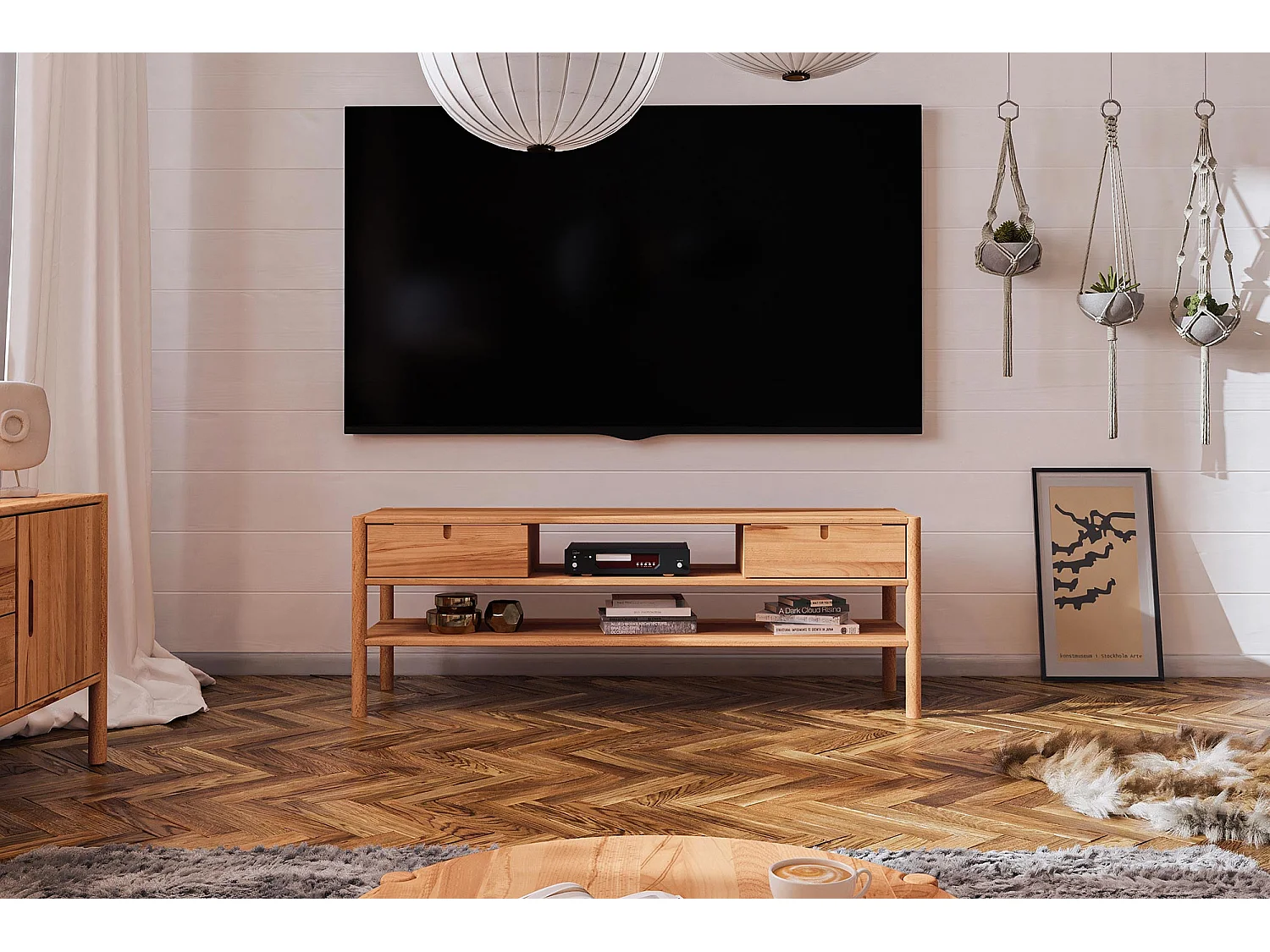 POLA - Meuble TV avec tiroirs en cœur de hêtre huilé naturel