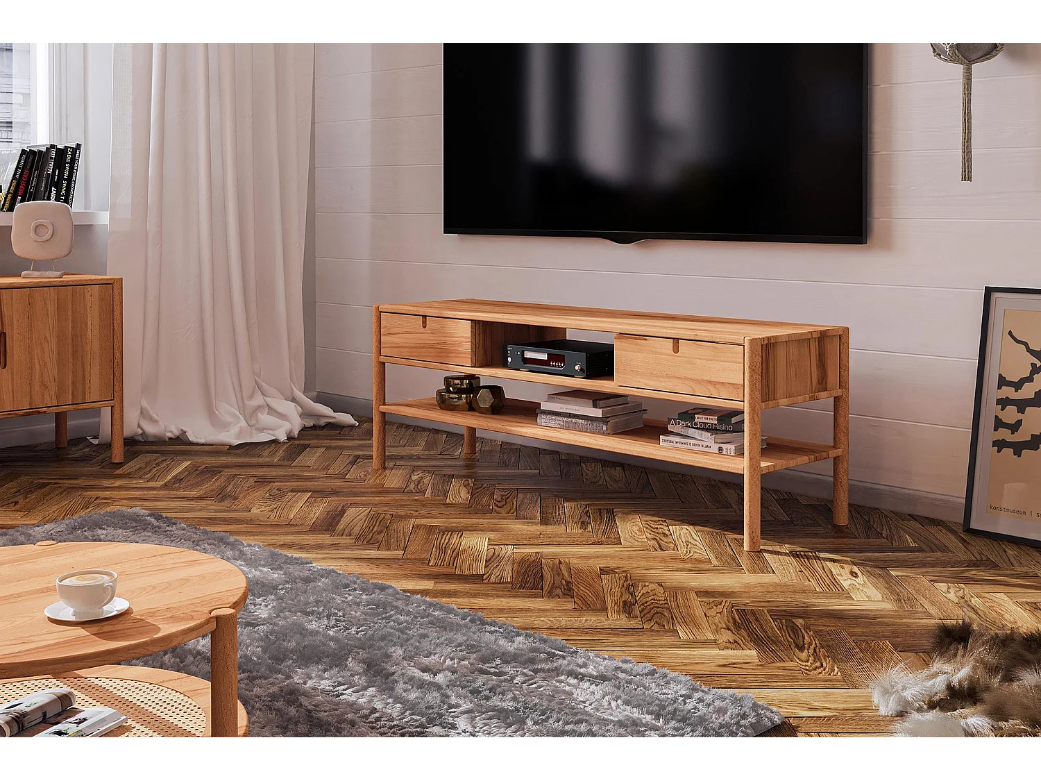 POLA - Meuble TV avec tiroirs en cœur de hêtre huilé naturel