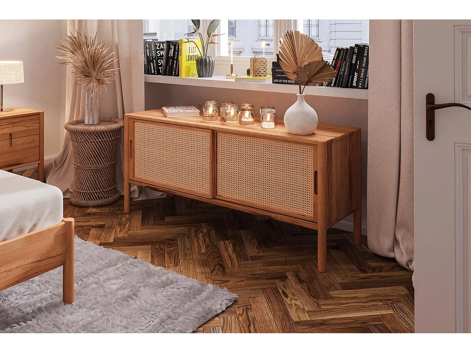 POLA - Meuble TV avec portes coulissantes en cœur de hêtre huilé naturel