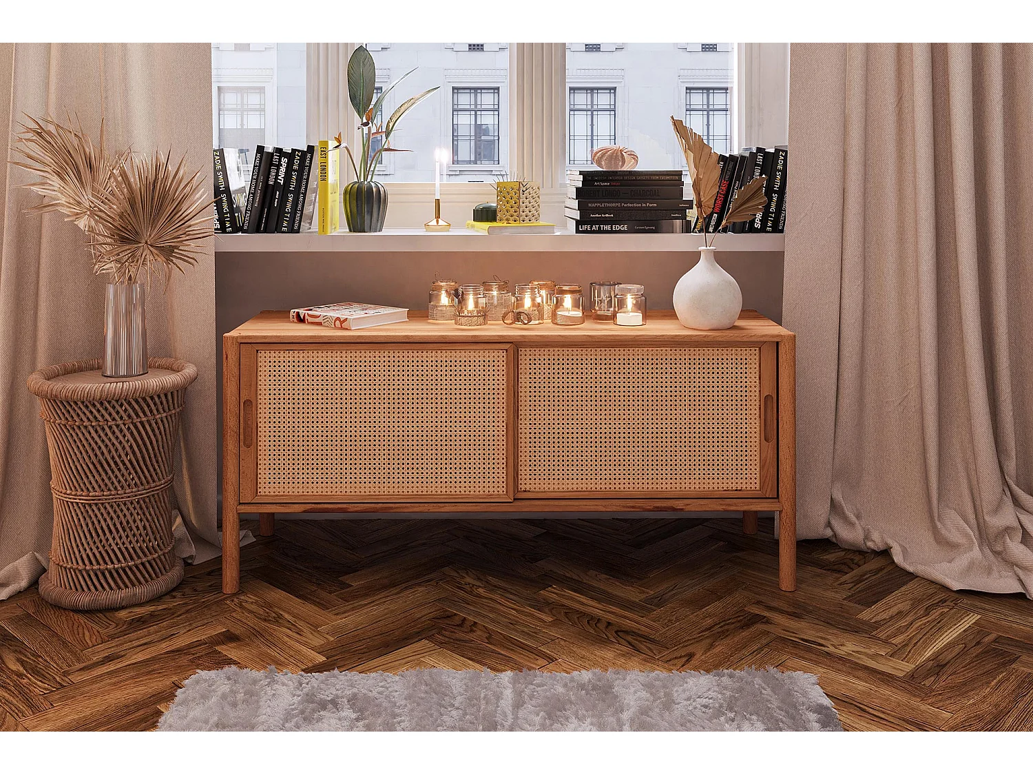 POLA - Meuble TV avec portes coulissantes en cœur de hêtre huilé naturel