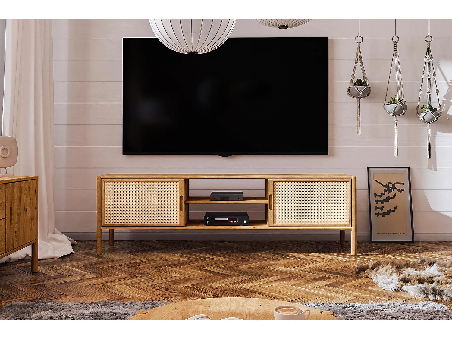 POLA - TV-Möbel mit Rattantüren aus Wildeiche naturgeölt