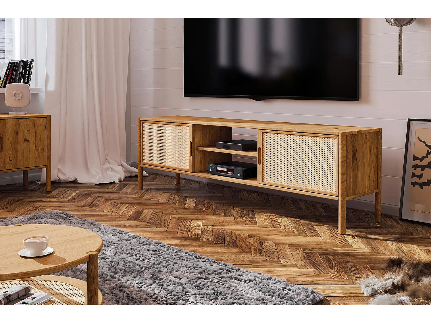 POLA - TV-Möbel mit Rattantüren aus Wildeiche naturgeölt