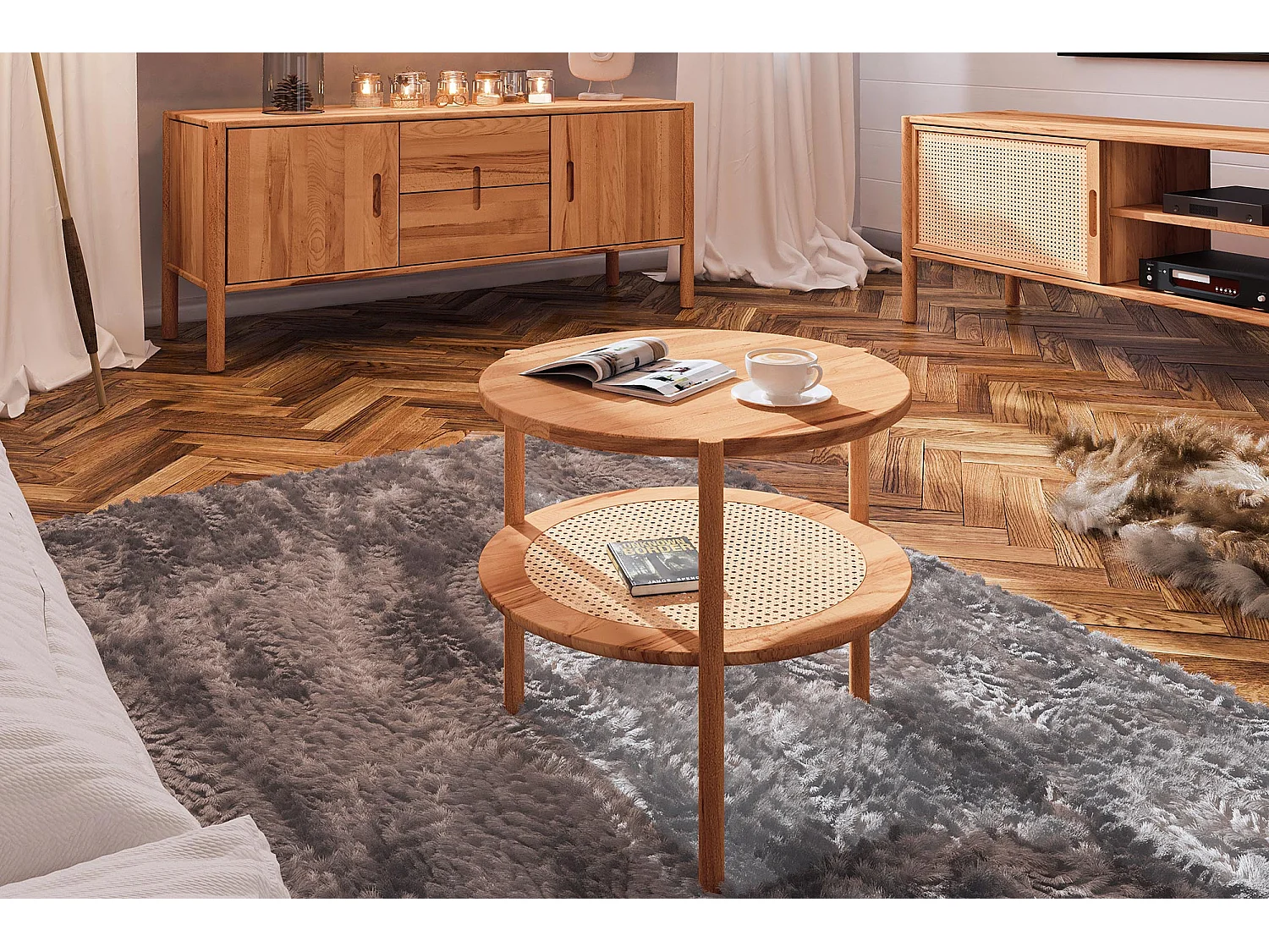 POLA - Hoher Couchtisch mit Rattan aus Kernbuche, naturgeölt Φ70