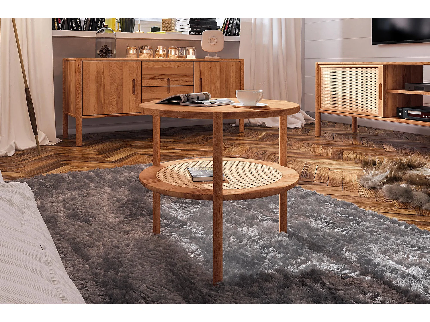 POLA - Hoher Couchtisch mit Rattan aus Kernbuche, naturgeölt Φ70