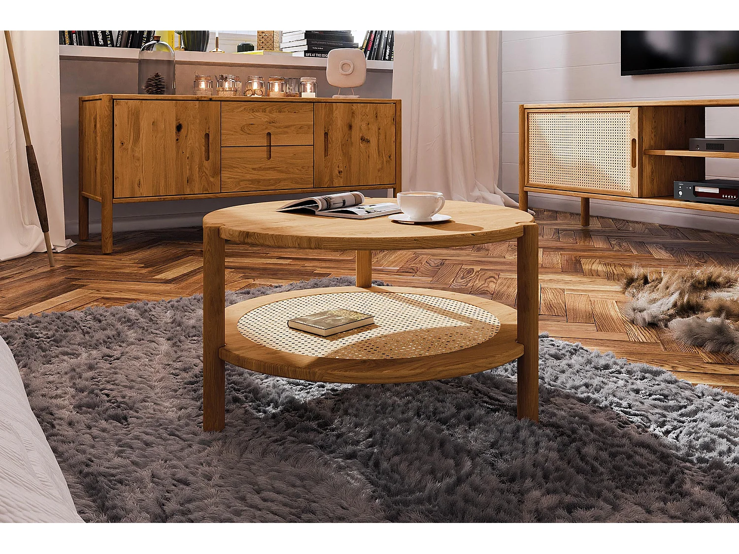 POLA - Niedriger Couchtisch mit Rattan aus Wildeiche, naturgeölt Φ60