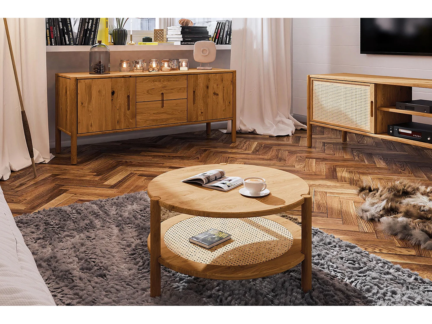 POLA - Table basse en rotin de chêne sauvage, huilé naturel Φ80