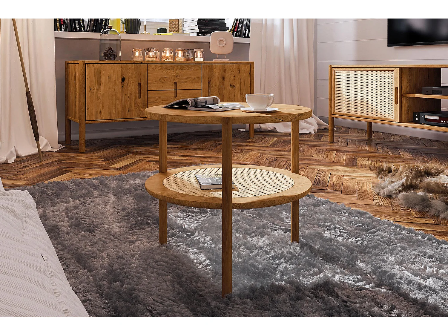 POLA - Hoher Couchtisch mit Rattan aus Wildeiche, naturgeölt Φ50