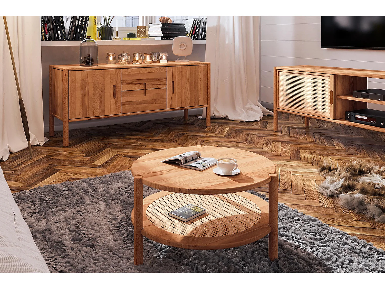 POLA - Niedriger Couchtisch mit Rattan aus Kernbuche, naturgeölt Φ60