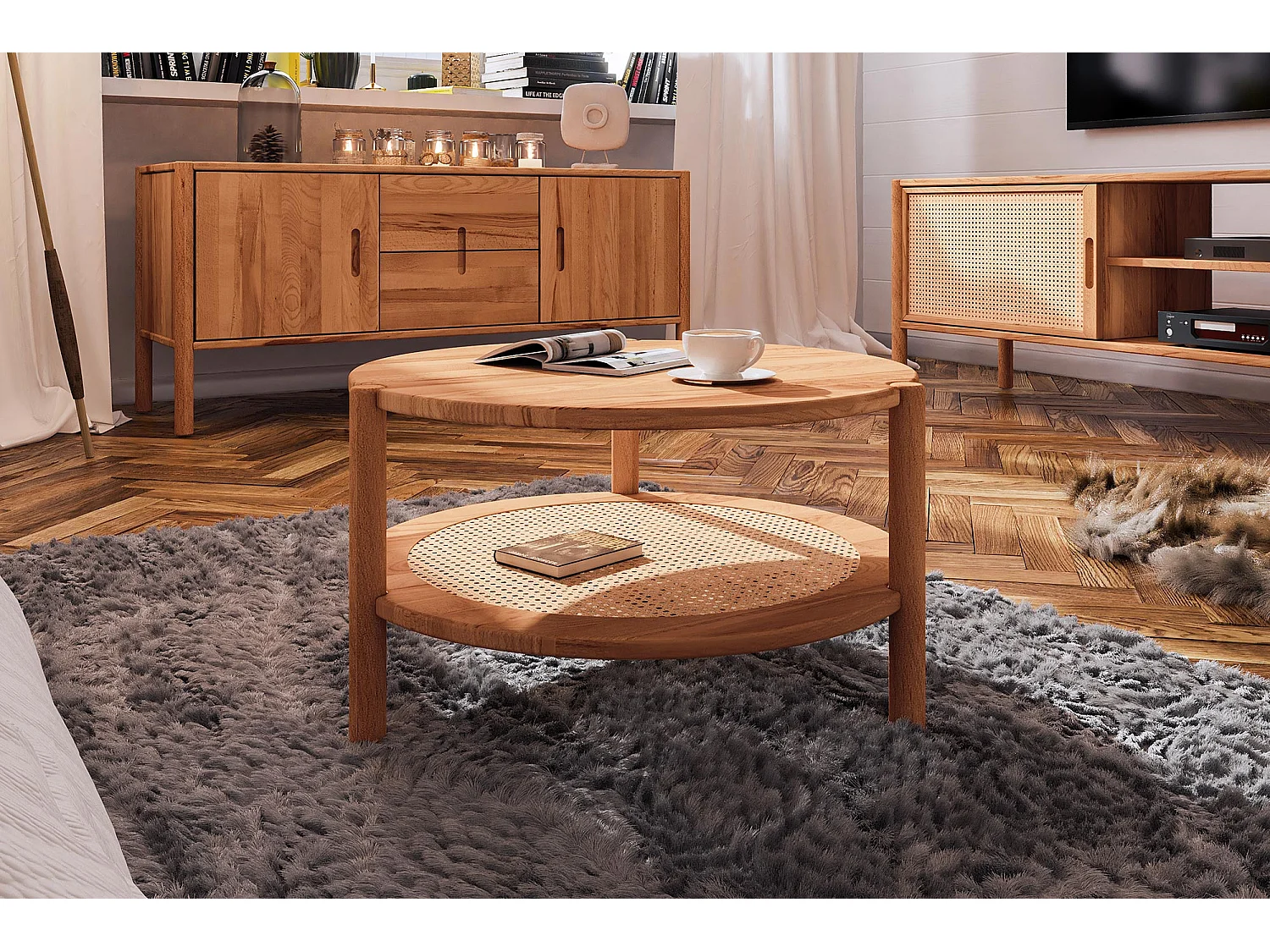 POLA - Niedriger Couchtisch mit Rattan aus Kernbuche, naturgeölt Φ60