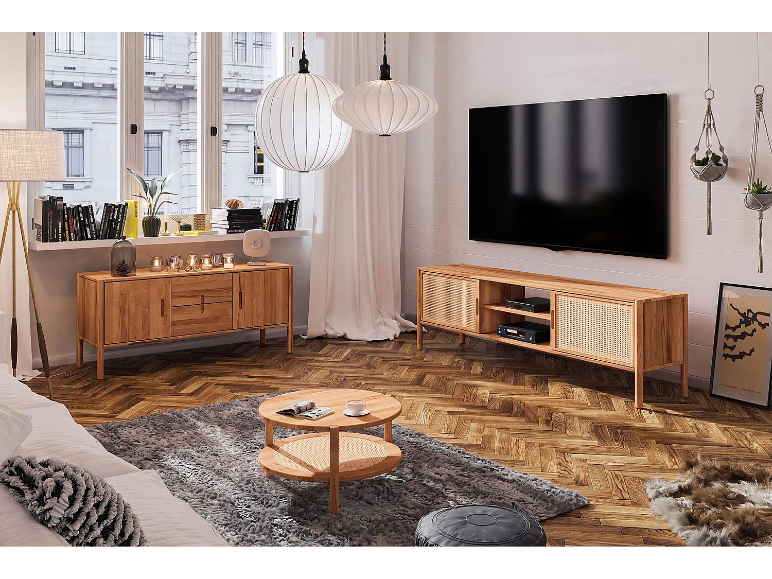 POLA - Niedriger Couchtisch mit Rattan aus Kernbuche, naturgeölt Φ60