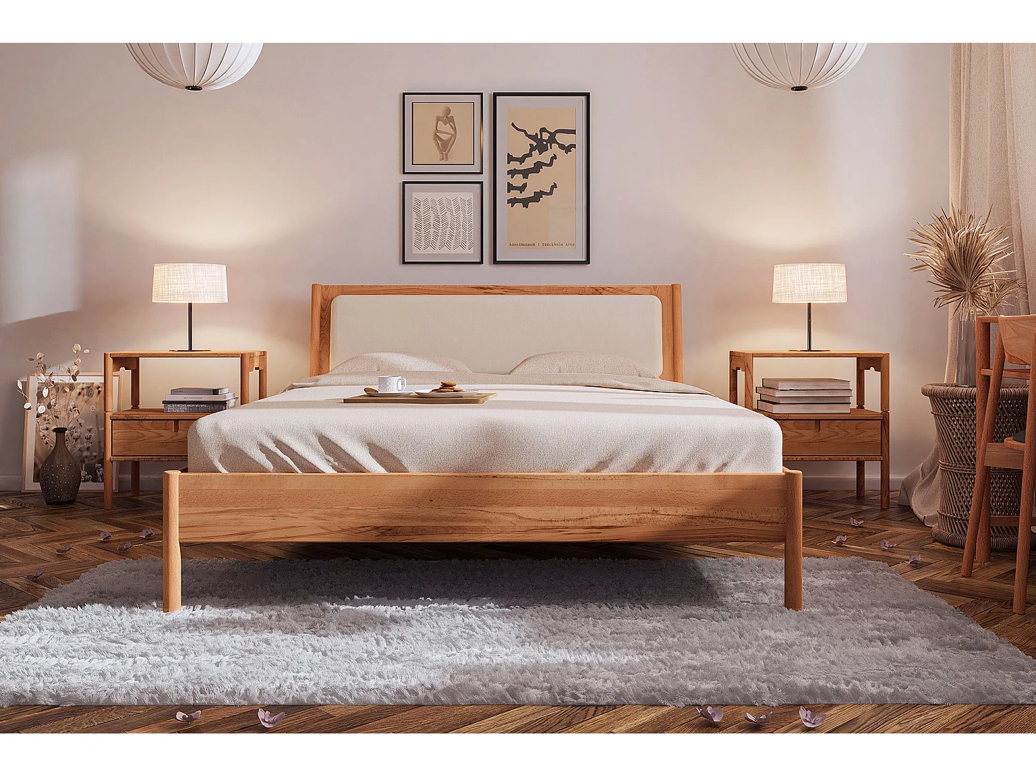 POLA - Bett mit Polsterkopfteil 180 x 200 aus Kernbuche naturgeölt