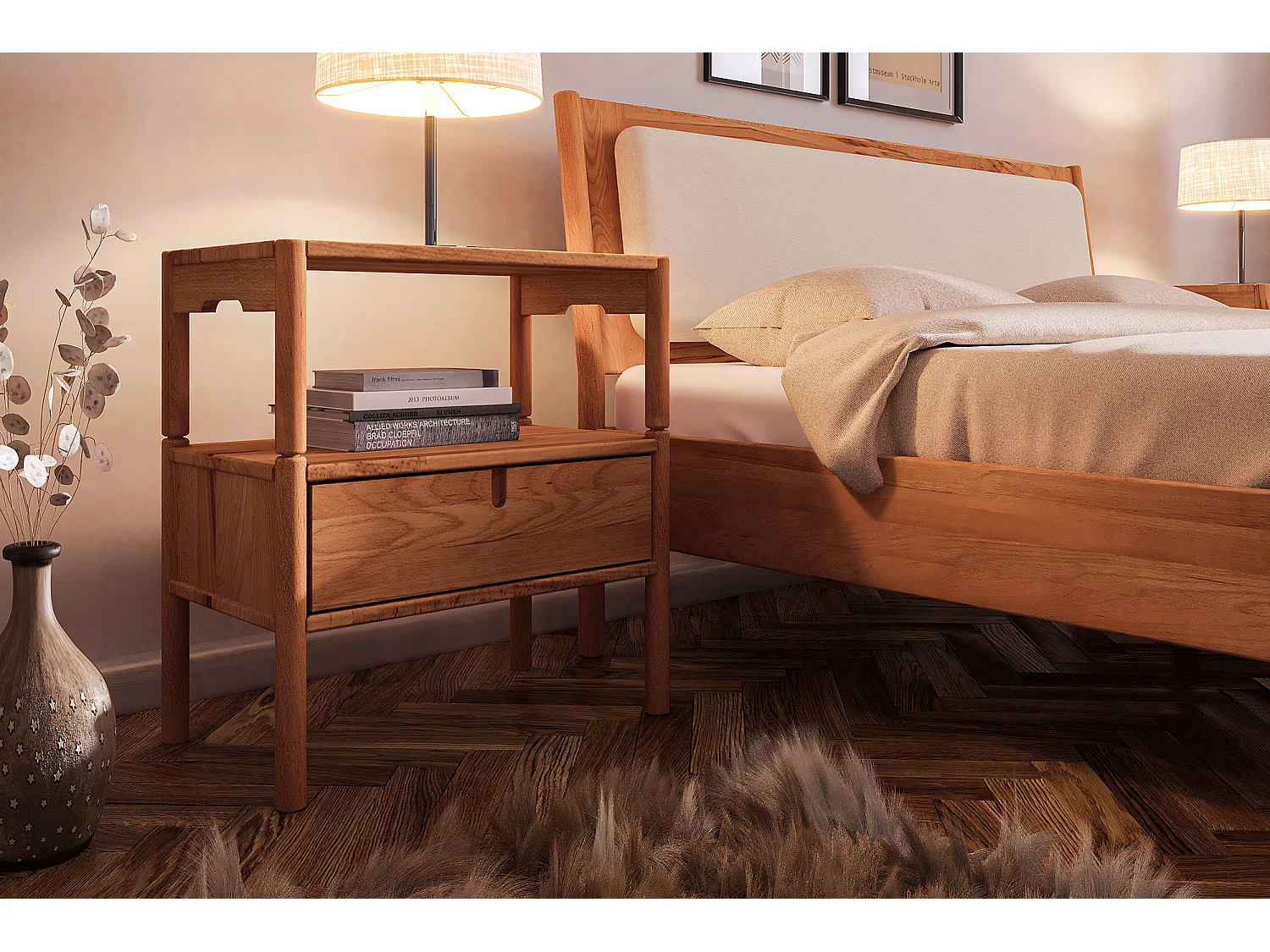 POLA - Bett mit Polsterkopfteil 180 x 200 aus Kernbuche naturgeölt