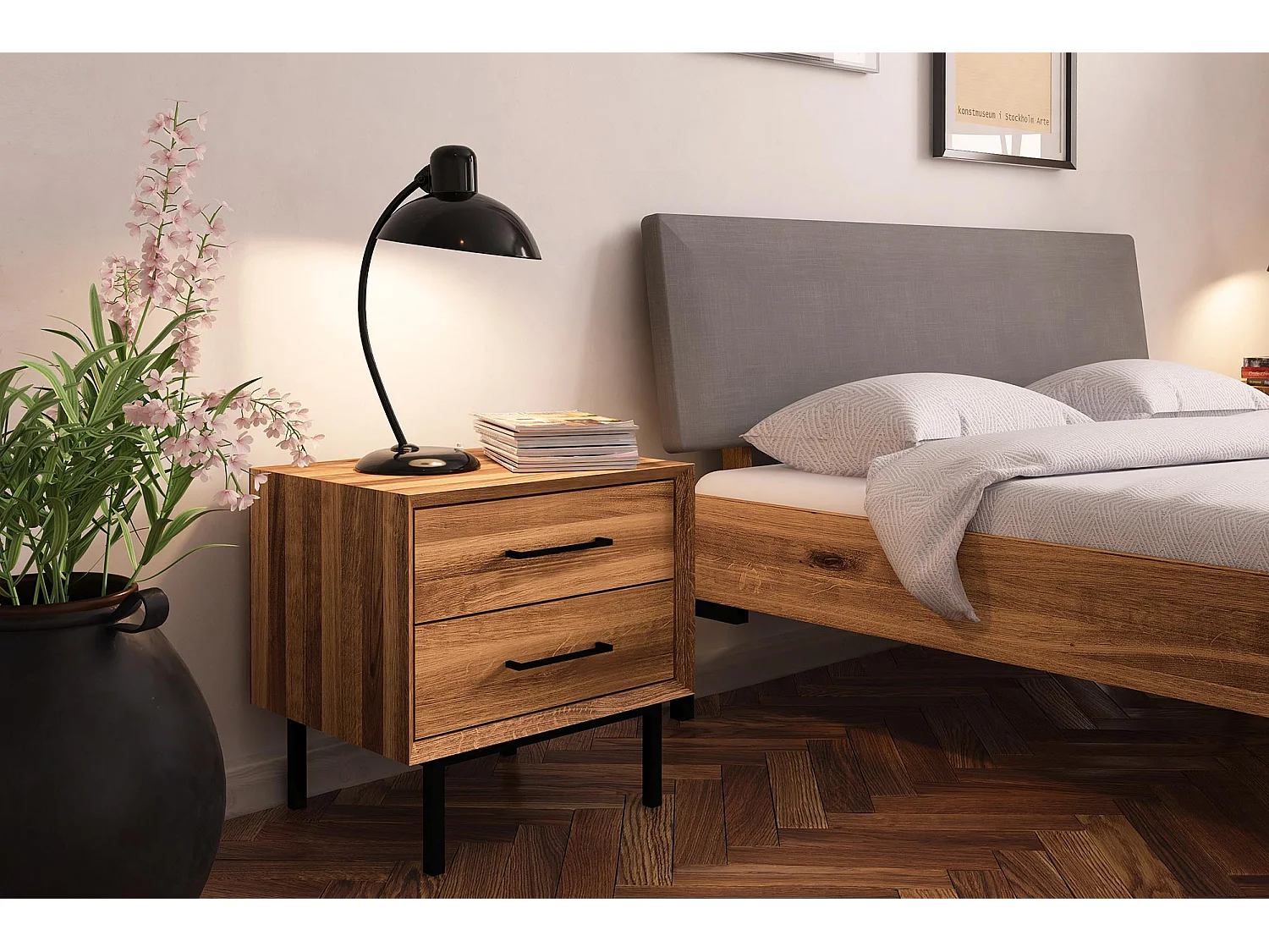 ABIES - Bett mit Polsterkopfteil 100 x 200 aus Wildeiche naturgeölt