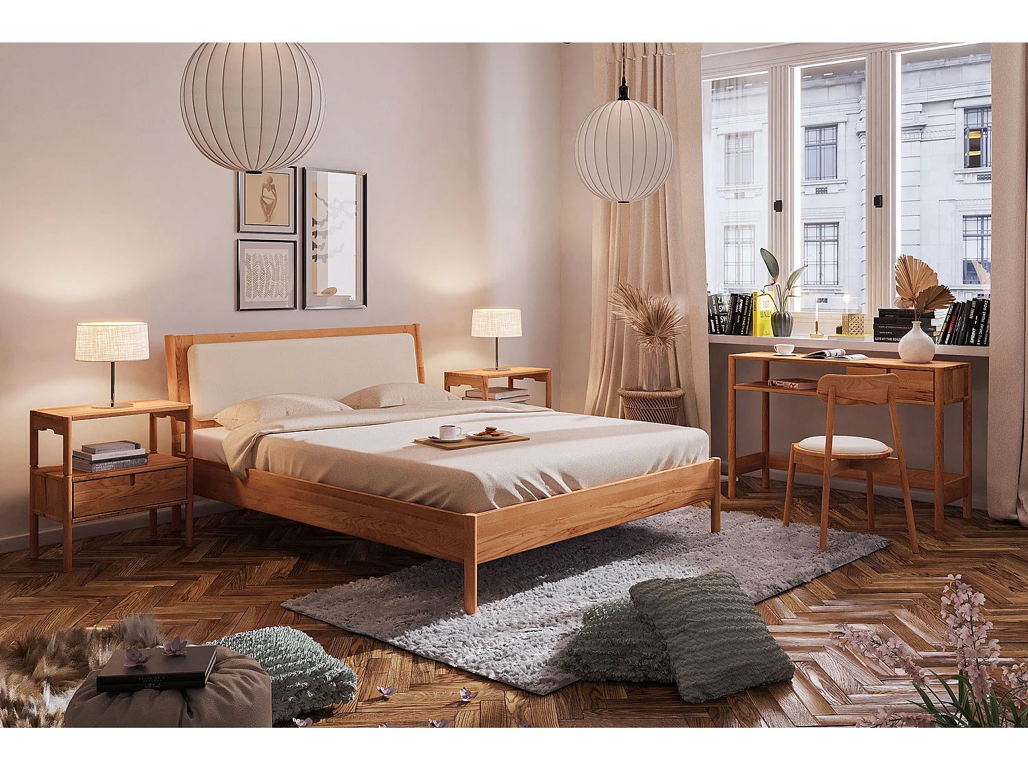 POLA - Bett mit Polsterkopfteil 160 x 200 aus Kernbuche naturgeölt